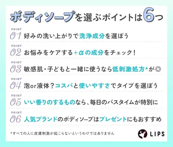 ボディソープを選ぶポイントは6つ