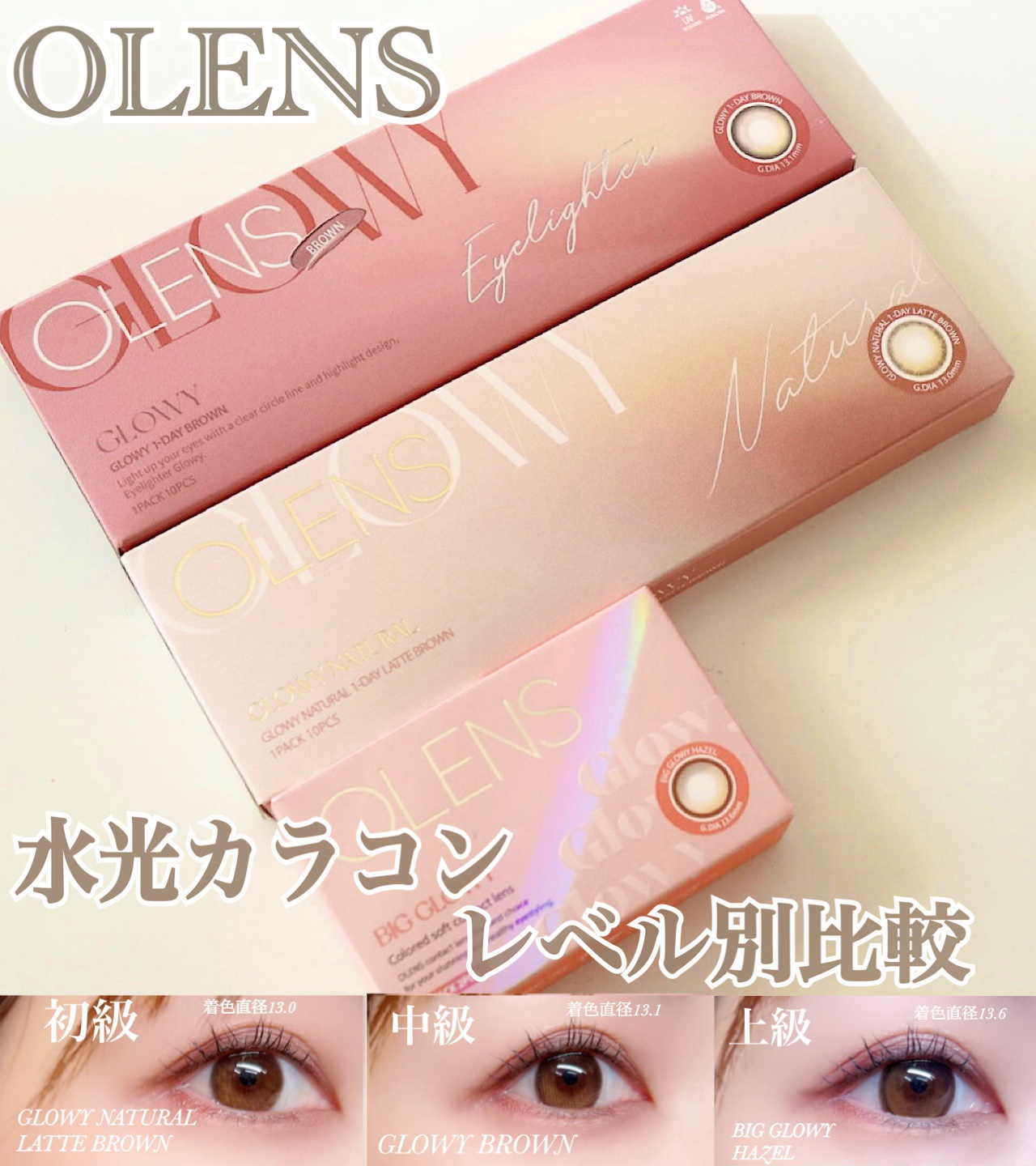 OLENSの水光カラコン🤍
レベル別比較してみたよ💁🏻‍♀️

初級🔰(着色直径13.0)
Glowy Natural Latte Brown
中級🤍(着色直径13.1)
 Glowy Brown
上級💖(着色直径13.6)
 