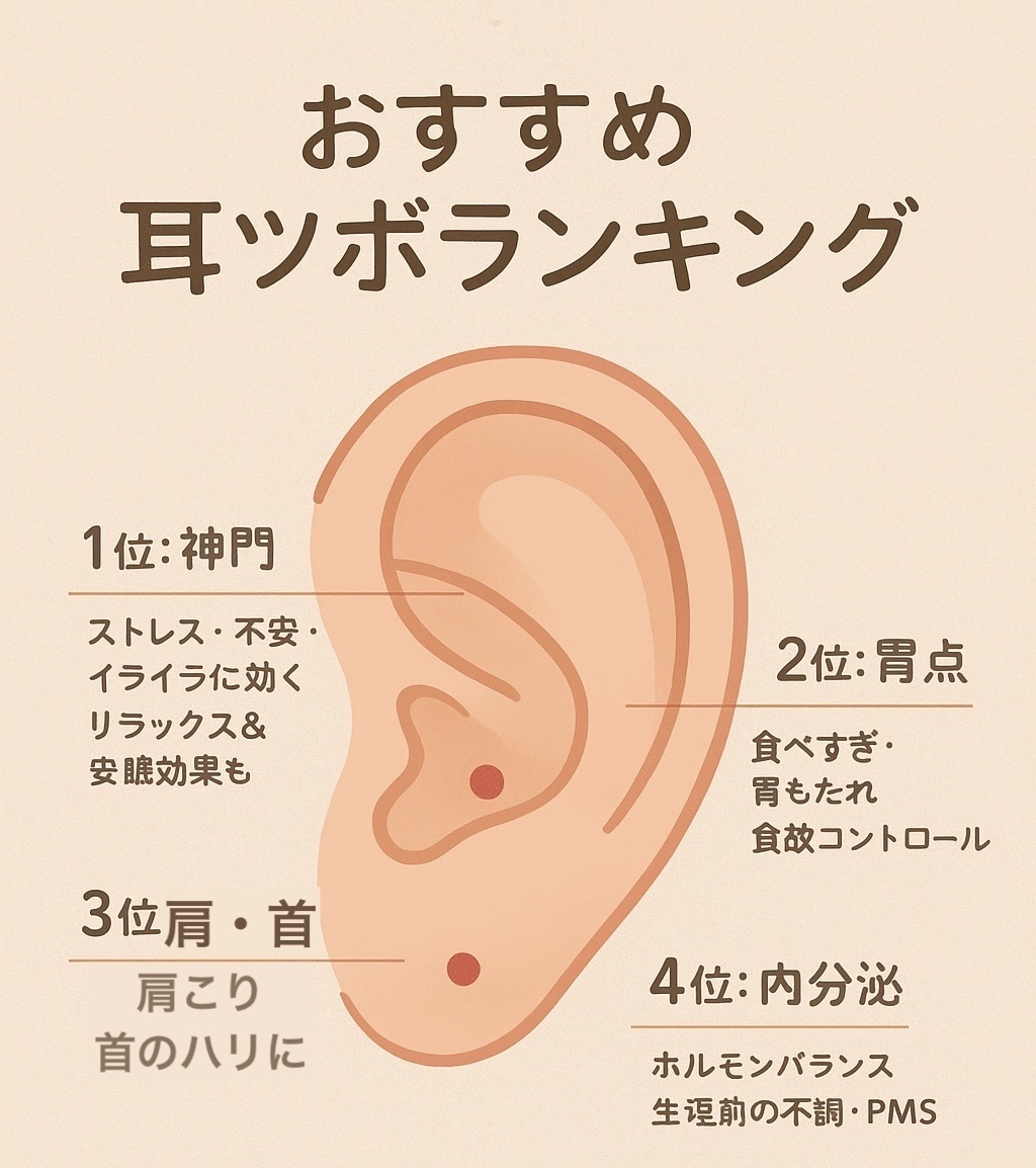 耳ツボ、実はかなり万能✨
体全体のツボが“ぎゅっ”て集まってるから、
「ちょっと不調かも」ってときに押すだけでも◎なんだよ🌿

⸻

🩷おすすめ耳ツボランキング（効果別）

① 神門（しんもん）
👉 ストレス・不安・イライラに効く🌙