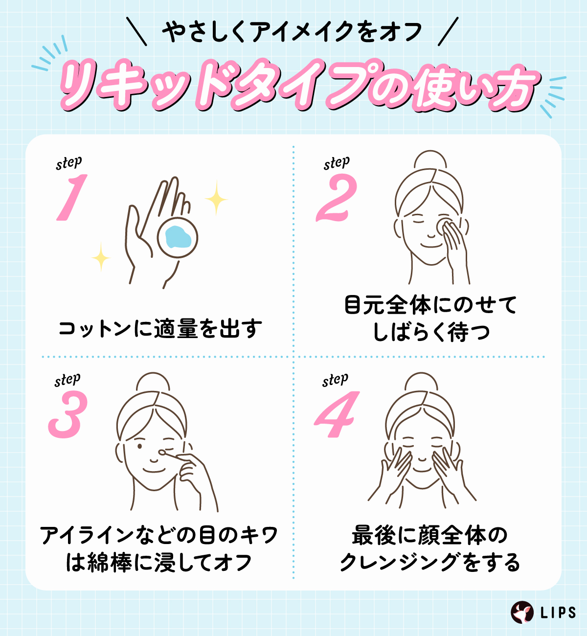 やさしくアイメイクをオフするリキッドタイプの使い方。コットンに適量を出す。目元全体にのせてしばらく待つ。アイラインなどの目のキワは綿棒に浸してオフ。最後に顔全体のクレンジングをする。