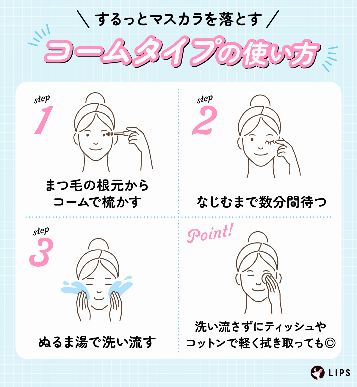 するっとマスカラを落とすコームタイプの使い方。まつ毛の根元から梳かす。なじむまで数分間待つ。ぬるま湯で洗い流す。洗い流さずにティッシュやコットンで軽く拭き取っても◎