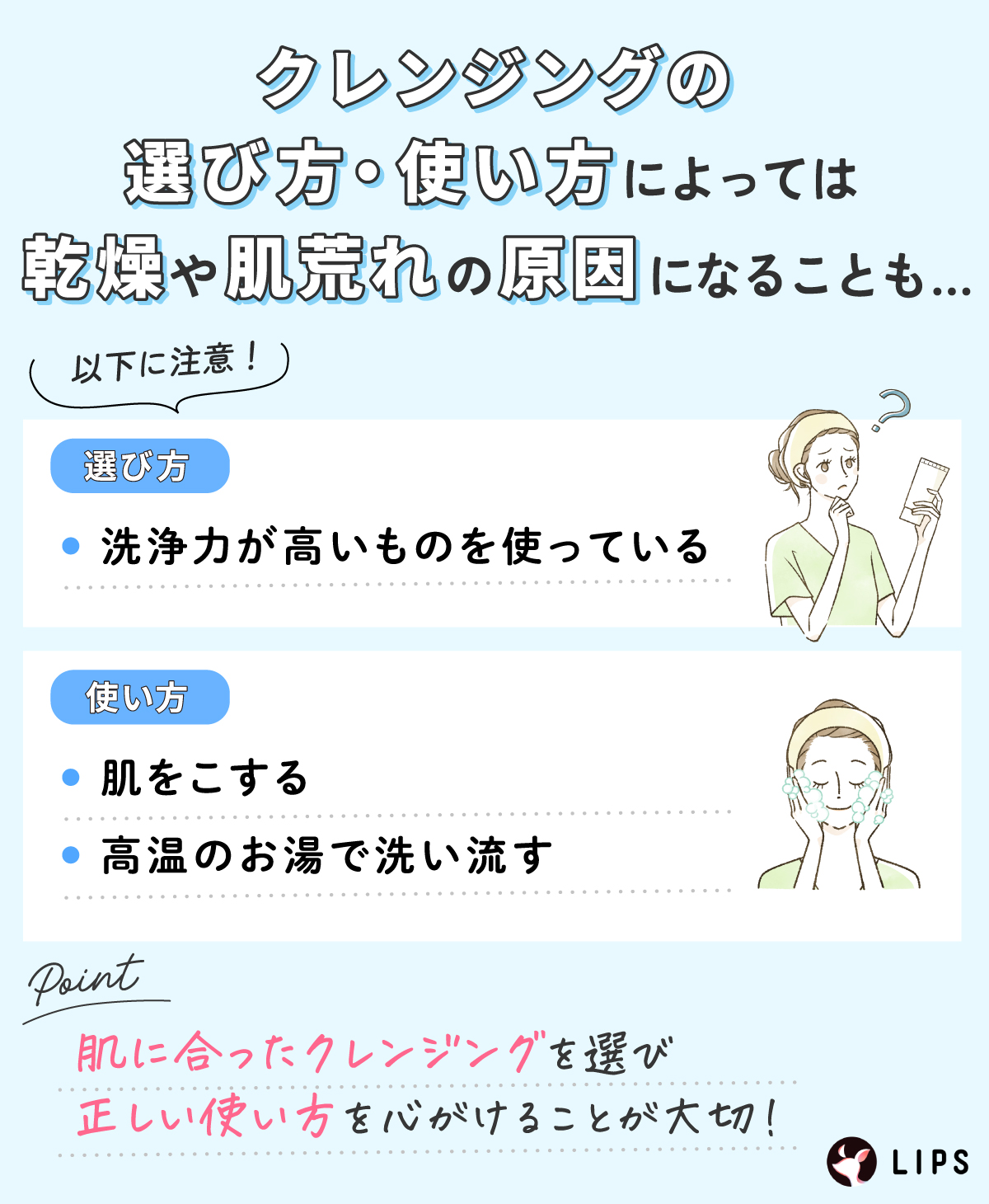 クレンジングの選び方・使い方によっては乾燥や肌荒れの原因になることも。洗浄力が高いものを使っているや肌をこする・高温のお湯で洗い流すのに注意。肌に合ったクレンジングを選び、正しい使い方を心がけることが大切！