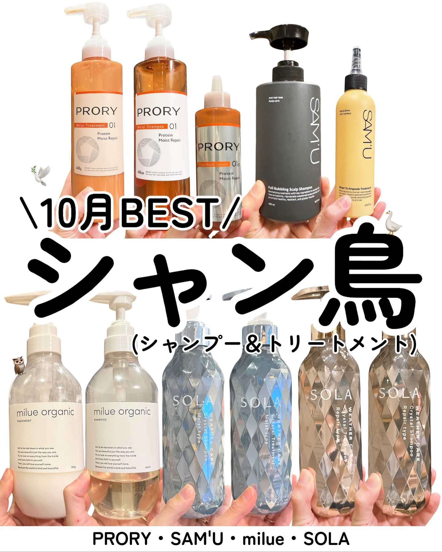 10月のBESTシャンプーまとめ🫧
それぞれ香りも仕上がりもぜんぜん違うけど、
どれも“使うたび好きになる”タイプ🤍

・SOLA → サロン帰りみたいなツヤ感と香りが最高✨
・milue → やさしいオーガニックと洗い心地で
  乾か
