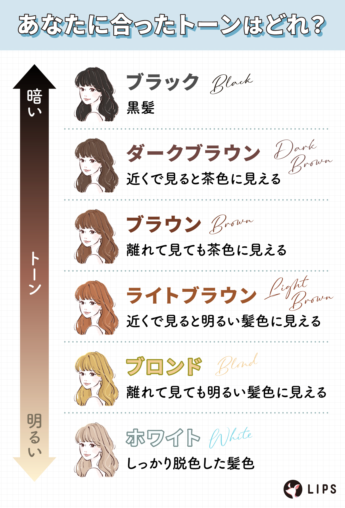 あなたに合ったトーンはどれ？ブラックは黒髪。ダークブラウンは近くで見ると茶色に見える。ブラウンは離れて見ても茶色に見える。ライトブラウンは近くで見ると明るい髪色に見える。ブロンドは離れて見ても明るい髪色に見える。ホワイトはしっかり脱色した髪色。