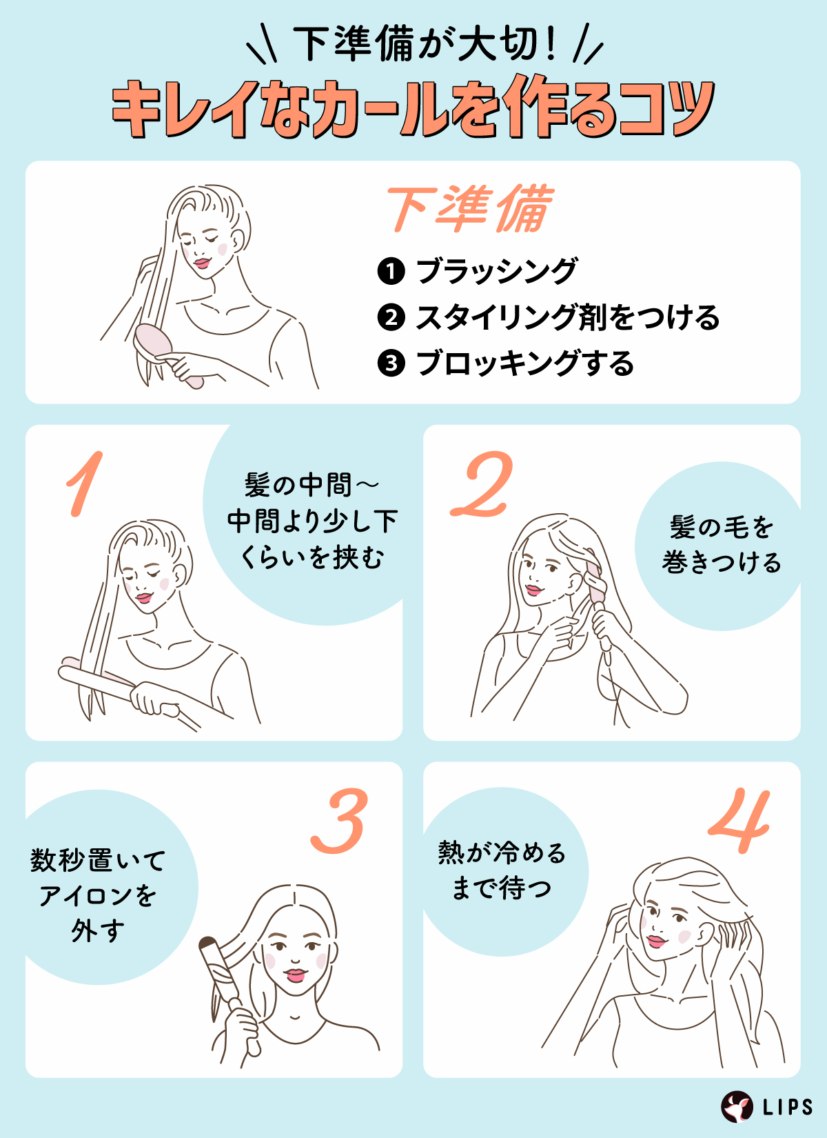 紫檀準備が大切！キレイなカールを作るコツ。下準備として、ブラッシングしてからスタイリング剤をつけてブロッキングする。カールアイロンは、髪の中間から中間より下くらいを挟んで、髪の毛を巻きつける。そのまま数秒置いてアイロンを外したら、熱が冷めるまで待つ。