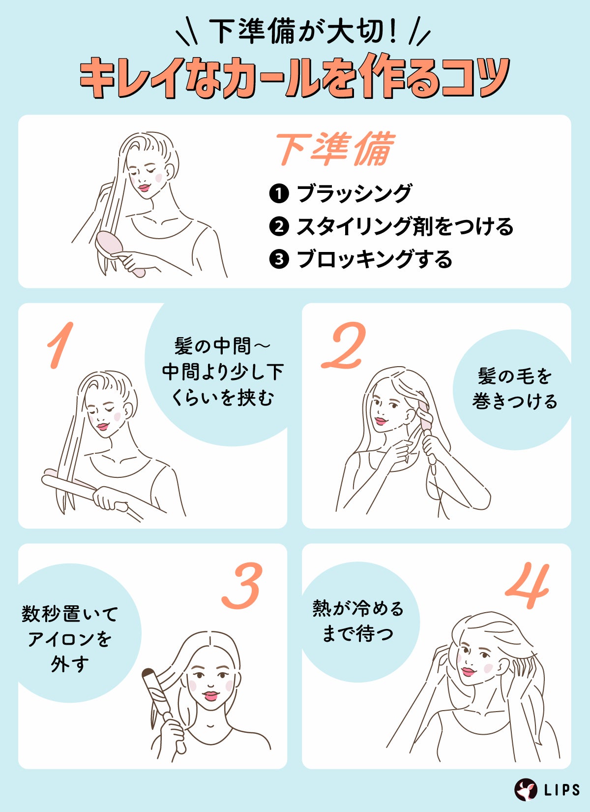 紫檀準備が大切!キレイなカールを作るコツ。下準備として、ブラッシングしてからスタイリング剤をつけてブロッキングする。カールアイロンは、髪の中間から中間より下くらいを挟んで、髪の毛を巻きつける。そのまま数秒置いてアイロンを外したら、熱が冷めるまで待つ。