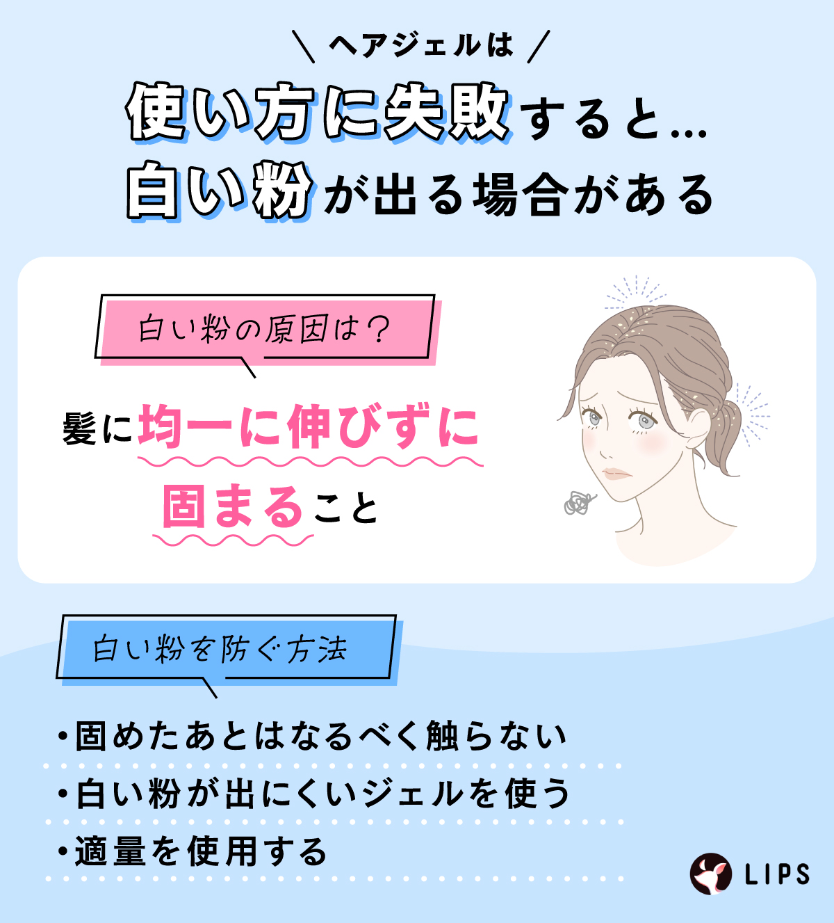 ヘアジェルは使い方に失敗すると白い粉が出る場合がある。白い粉の原因は髪に均一に伸びずに固まること。白い粉を防ぐ方法は固めたあとはなるべく触らない・白い粉が出にくいジェルを使う・適量を使用する。