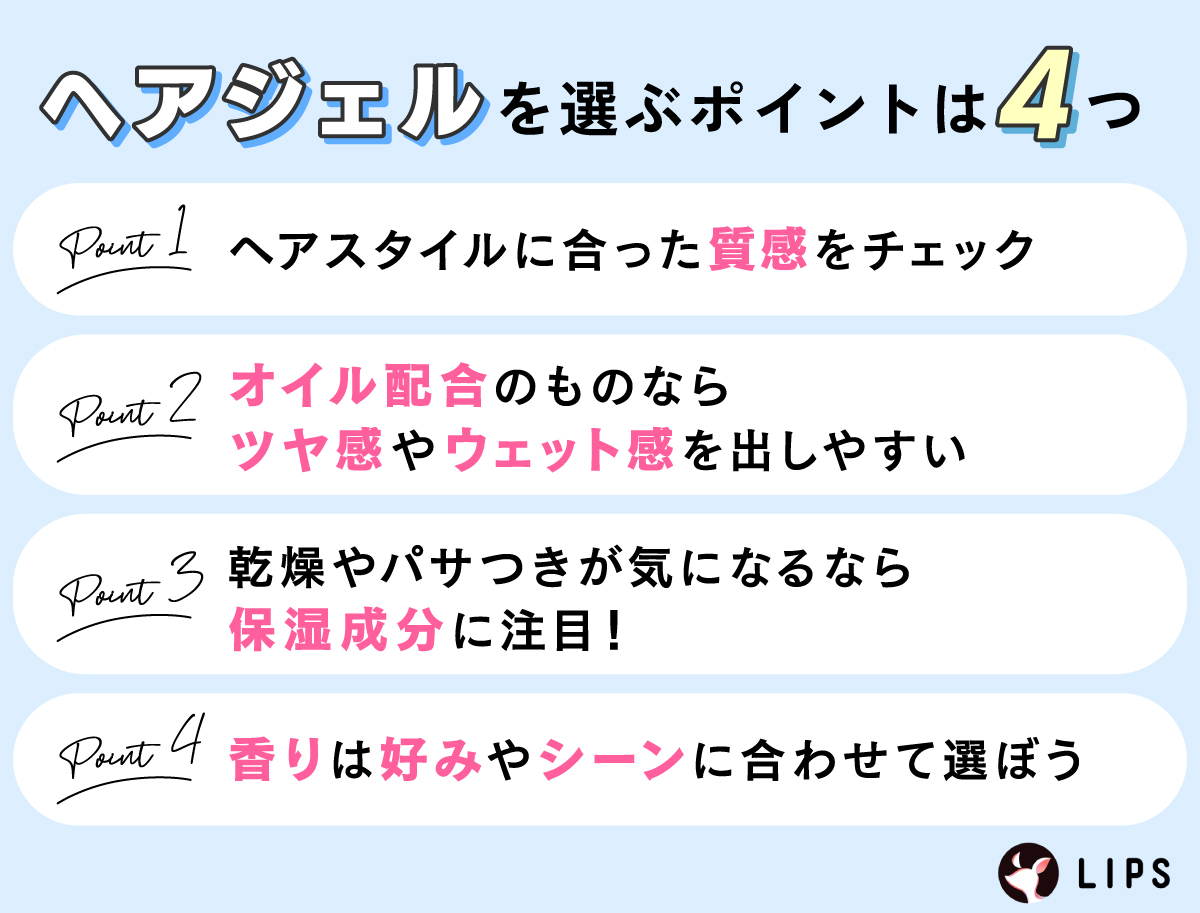 ヘアジェルを選ぶポイントは4つ。ヘアスタイルに合った質感をチェック。オイル配合のものならツヤ感やウェット感を出しやすい。乾燥やパサつきが気になるなら保湿成分に注目！ 香りは好みやシーンに合わせて選ぼう。