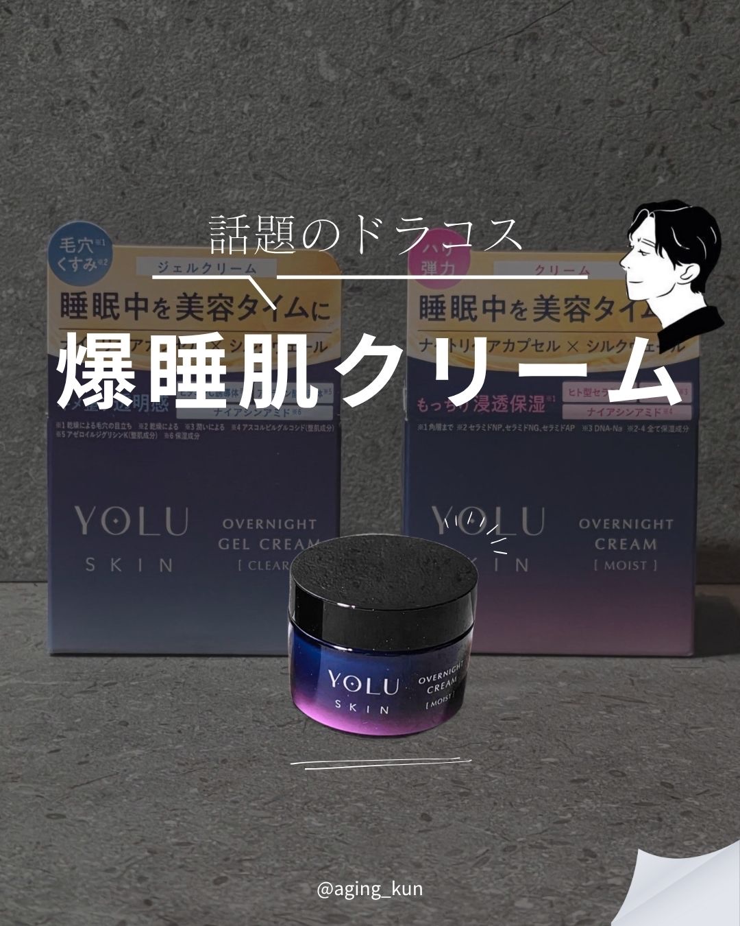 【 @aging_kun / エイジ君】
#PR #YOLU #ヨル @yolu_official さんから #スキンケア アイテム をご提供いただきました。
正直、毎日忙しくて睡眠時間が短いのが悩み。
肌もハリ不足でごわつきがちで、「睡眠