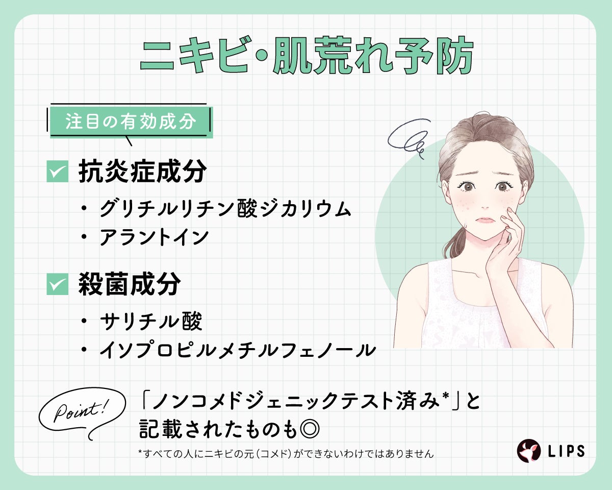 ニキビ・肌荒れ予防に注目の有効成分は、抗炎症成分のグリチルリチン酸ジカリウム・アラントイン、殺菌成分のサリチル酸・イソプロピルメチルフェノールがおすすめ。