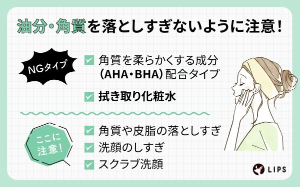 油分・角質を落としすぎないように注意! 角質を柔らかくする成分(AHA・BHA)配合タイプや拭き取り化粧水はNGです。角質や皮脂の落としすぎ・洗顔のしすぎ・スクラブ洗顔にも注意です。