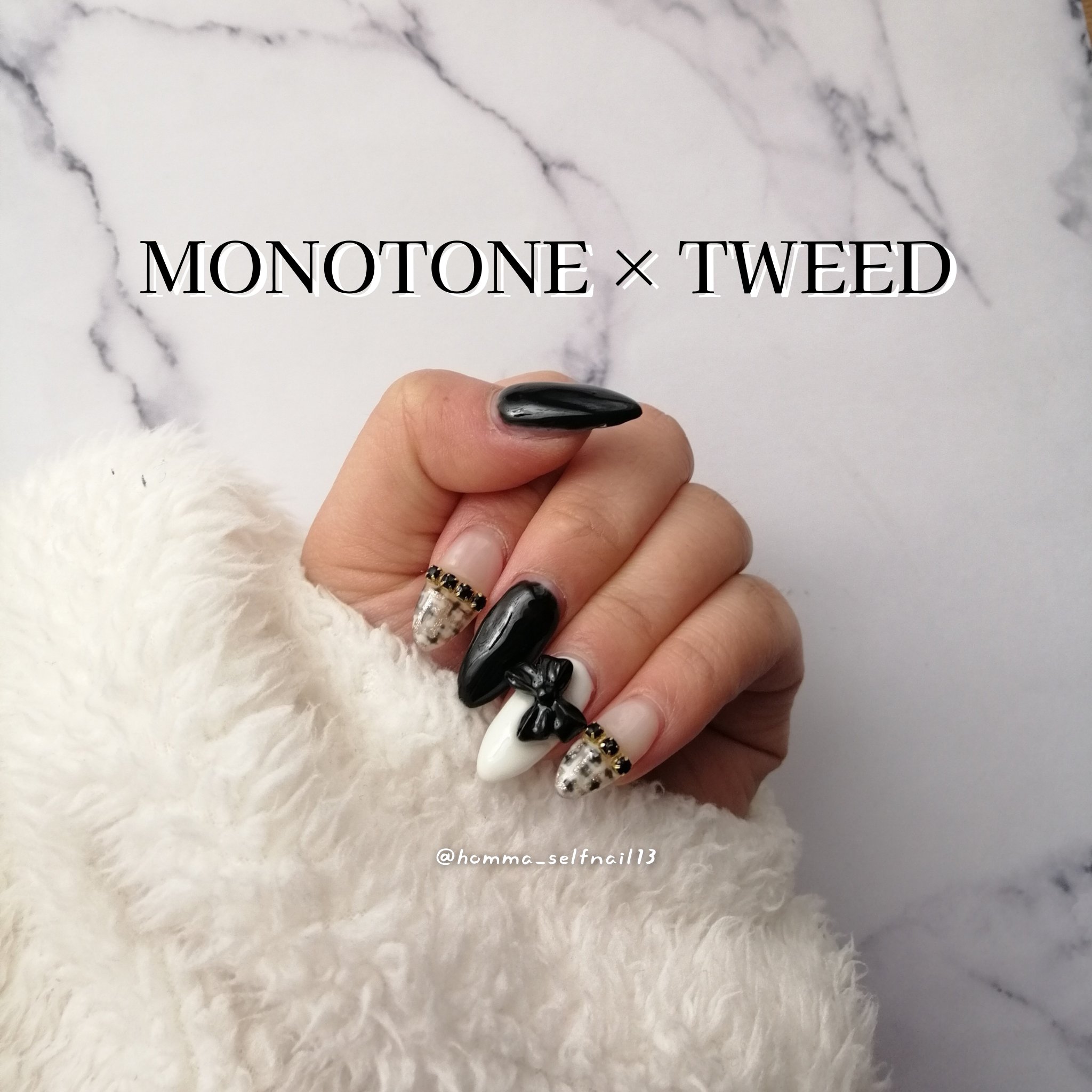 #セルフネイル,#ジェルネイル,#ネイル,#モノトーンネイル,#100均ネイル,#ツイードネイル,#クリスマスネイル,#冬ネイル,#ニット映えネイルのネイルデザイン