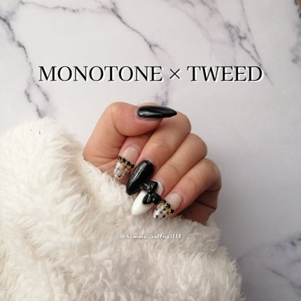 #セルフネイル,#ジェルネイル,#ネイル,#モノトーンネイル,#100均ネイル,#ツイードネイル,#クリスマスネイル,#冬ネイル,#ニット映えネイルのネイルデザイン