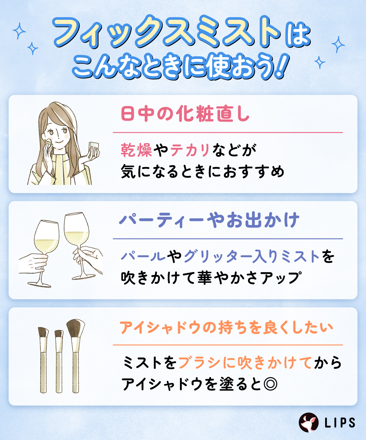 フィックスミストはこんなときに使おう！日中の化粧直しは乾燥やテカリなどが気になるときにおすすめ。パーティーやお出かけにはパールやグリッター入りミストを吹きかけて華やかさアップ。アイシャドウの持ちを良くしたいならミストをブラシに吹きかけてからアイシャドウを塗ると◎