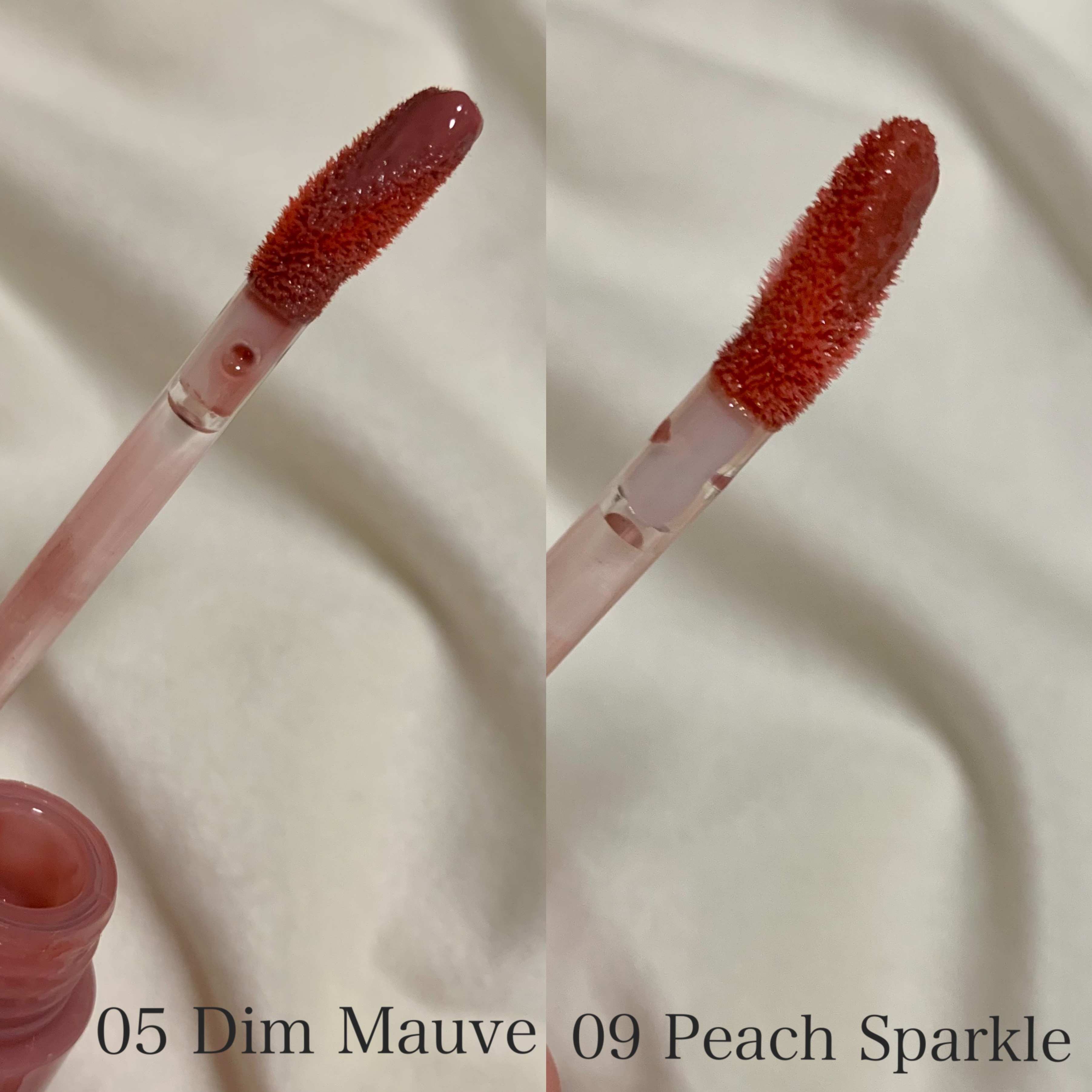 グラスティングカラーグロス 09 PEACH SPARKLE (ピーチスパークル)/rom&nd/リップグロスを使ったクチコミ（2枚目）