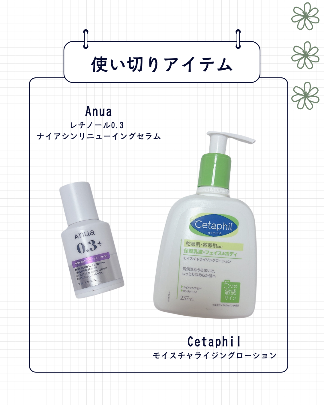 ஐ　使い切りアイテム　ஐ

*──────────────────*

˖*Anua/レチノール0.3 
ナイアシンリニューイングセラム
軽めのテクスチャーですっと伸びる
敏感肌でも使いやすい

˖*Cetaphil/
モイスチャライジング