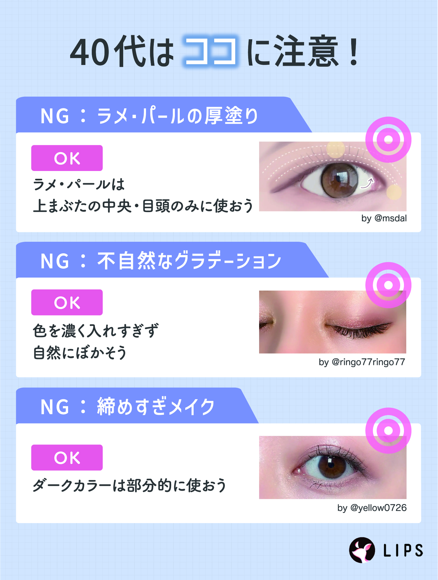 40代はココに注意！ラメ・パールの厚塗りはNG。ラメ・パールは上まぶたの中央・目頭のみに使う。不自然なグラデーションもNG。色を濃く入れすぎず自然にぼかす。締めすぎメイクもNG。ダークカラーは部分的に使おう。