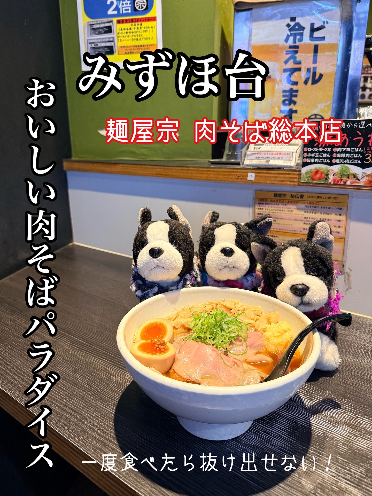 ナルトとにごやんのほっこりふたり旅

さむいさむいさむいよう

そうだー今日は肉そばを食べてあったまろう

やってきたのは板橋区はみずほ台にある麺屋宗　肉そば総本店

初心者は醤油がおすすめとのこと

注文したのは
全部のせ肉そば
(プレミ