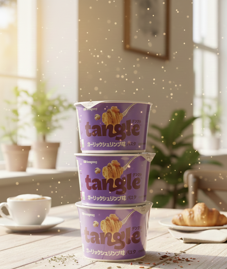 ダイエットに！！罪悪感なしで食べられる。
栄養面も◎で、ひよこ豆麺を使ってるから たんぱく質17g・食物繊維4g！
 

韓国発！TANGLE（テングル） ガーリックシュリンプパスタ🦐✨

 カップを開けると、具材（かやく）や液体ソース・