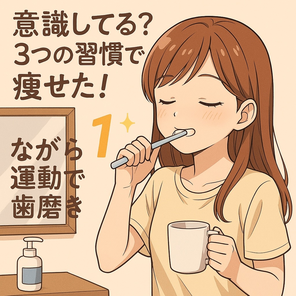 「ダイエット＝ジムや筋トレ」だけじゃない！

私が痩せられたのは、日常の中の“ながら習慣”をちょっと意識しただけでした🌿
今日はその中から1つ目👇

⸻

🦷【ながら歯磨き運動】
歯磨き中、
・かかと上げ下げ（ふくらはぎキュッ）
・ス