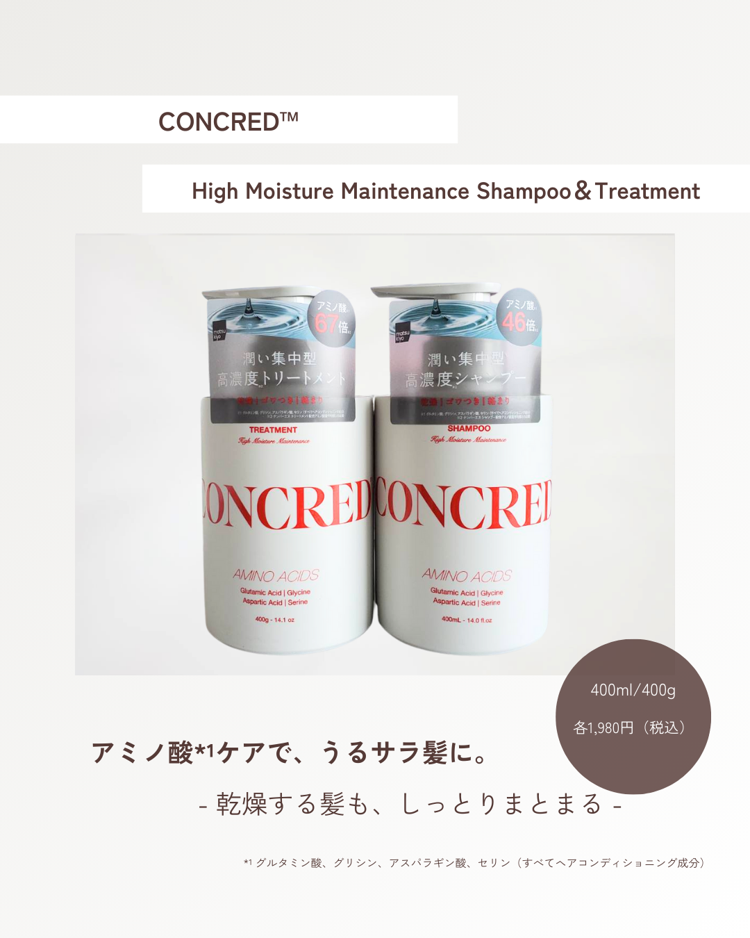 matsukiyo CONCRED ハイモイスチャー メンテナンス シャンプー/トリートメントのクチコミ「💎アミノ酸*¹を補い、乾燥しやすい髪をしっとりと包み込むヘアケア。
シャンプーはきめ細かな泡が.....」（1枚目）