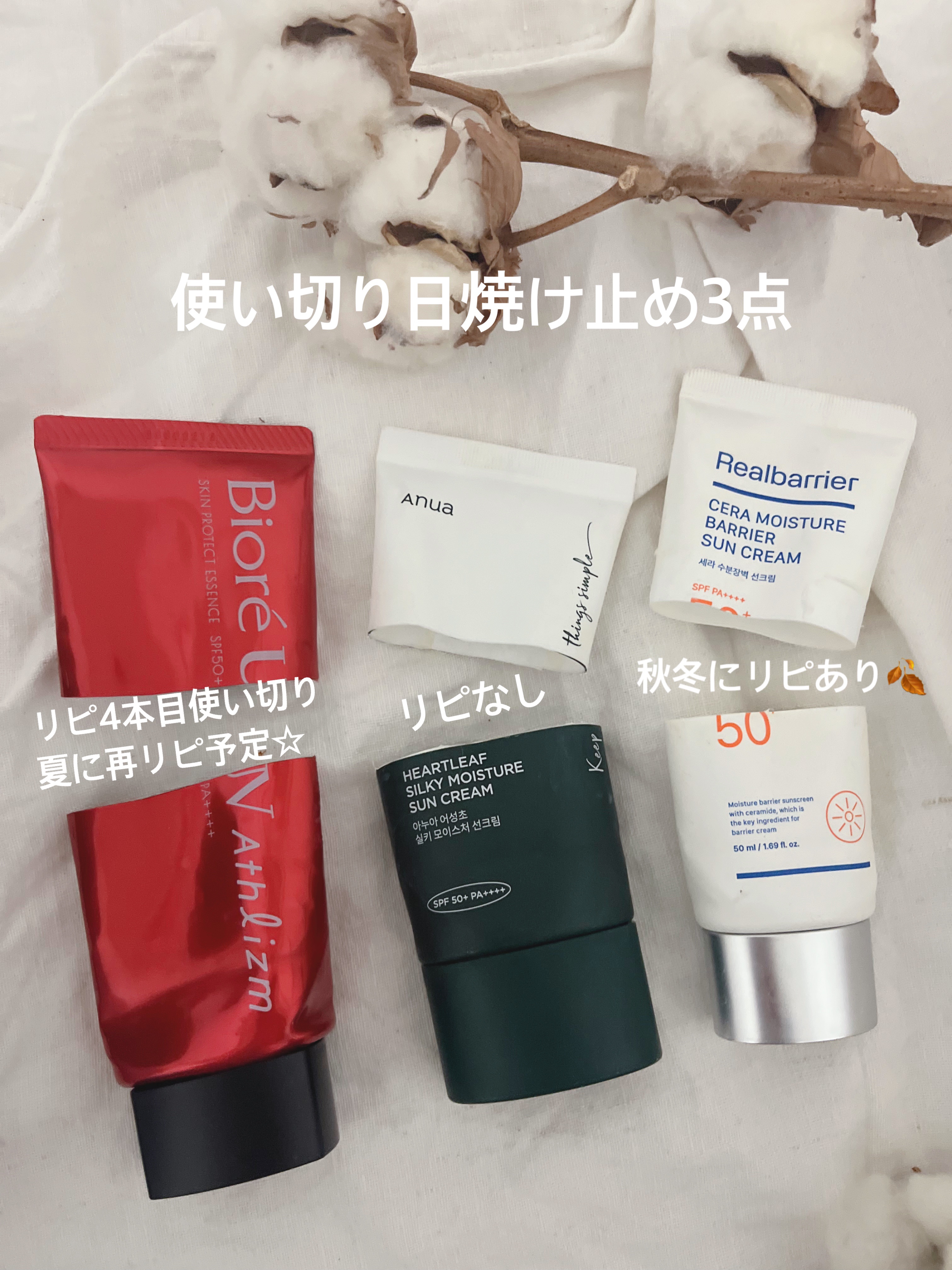 今回の使い切りは、
日焼け止め３つです☆

どれも体用に使ってました。
Bioreはリピ4本目使い切りました☺️

よいところ🙌🏼
⚫︎どれも、日焼け止め感が少ない
⚫︎Bioreはしっかり日焼けガードしてくれる感じがする
⚫︎Real