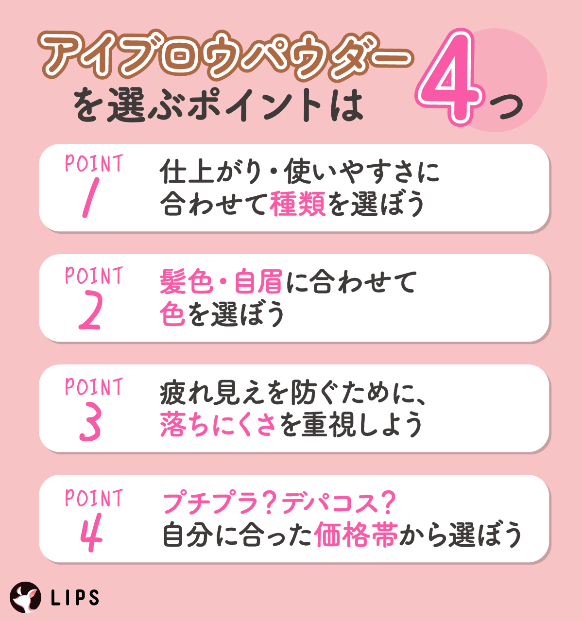 アイブロウパウダーを選ぶポイントは4つ。仕上がり・使いやすさに合わせて種類を選ぼう。髪色・自眉に合わせて色を選ぼう。疲れ見えを防ぐために、落ちにくさを重視しよう。プチプラ？デパコス？自分に合った価格帯から選ぼう。