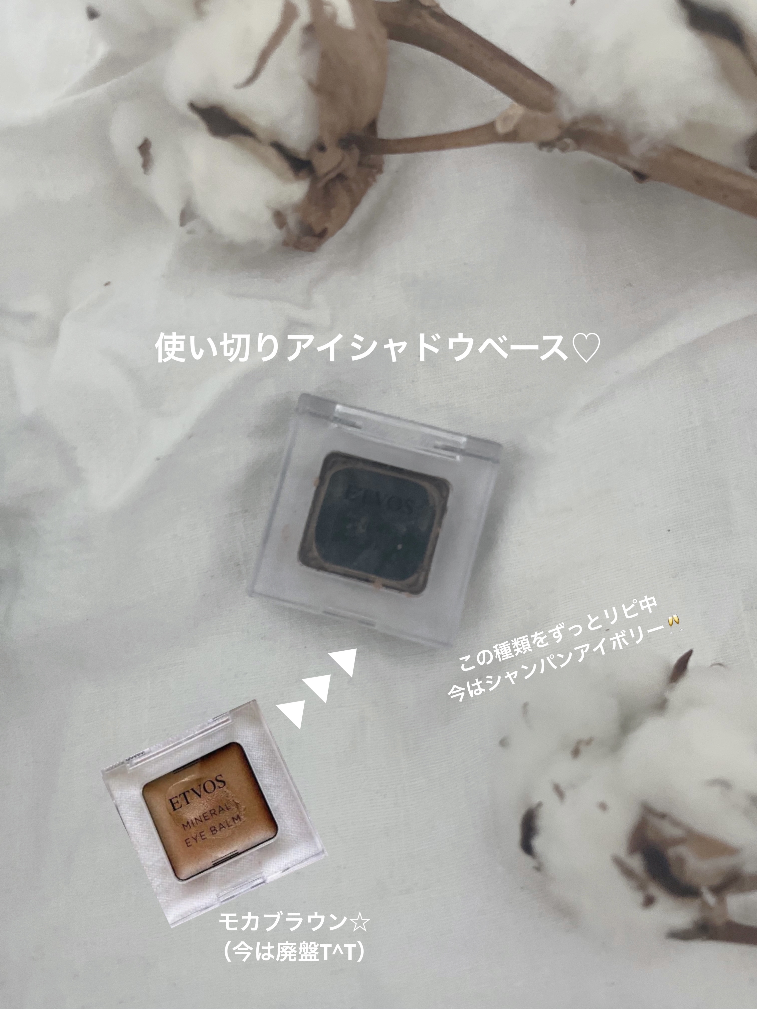 今回は使い切りコスメです☆

ETVOSのこちらのアイシャドウはベースとして、リピ２つ目、今３つ目を使用中です

よいところ🙌🏼
⚫︎スキンケア効果のある美容成分入りで、保湿力高め
⚫︎ベースとして使ってるけど、上から重ねるアイシャドウ