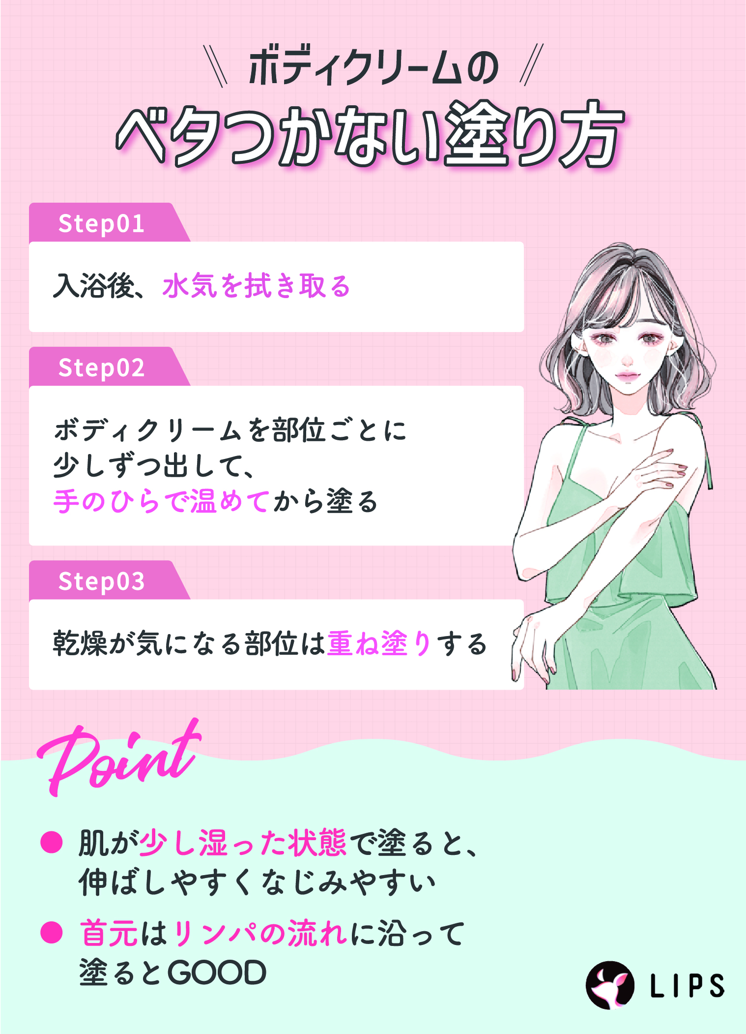 ボディクリームのベタつかない塗り方。入浴後、水気を拭き取る。ボディクリームを部位ごとに少しずつ出して、手のひらで温めてから塗る。乾燥が気になる部位は重ね塗りする。肌は少し湿った状態で塗ると、伸ばしやすくなじみやすい。首元はリンパの流れに沿って塗るとGOOD。