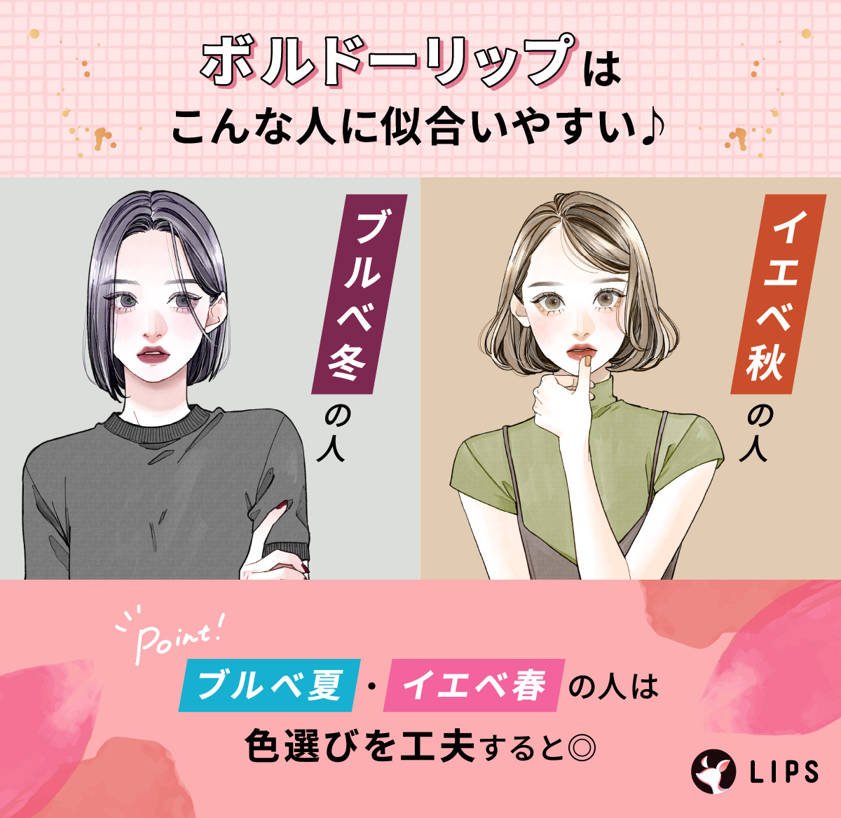 ボルドーリップはブルべ冬の人やイエベ秋の人に似合いやすい。ブルベ夏・イエベ春の人は色選びを工夫すると◎