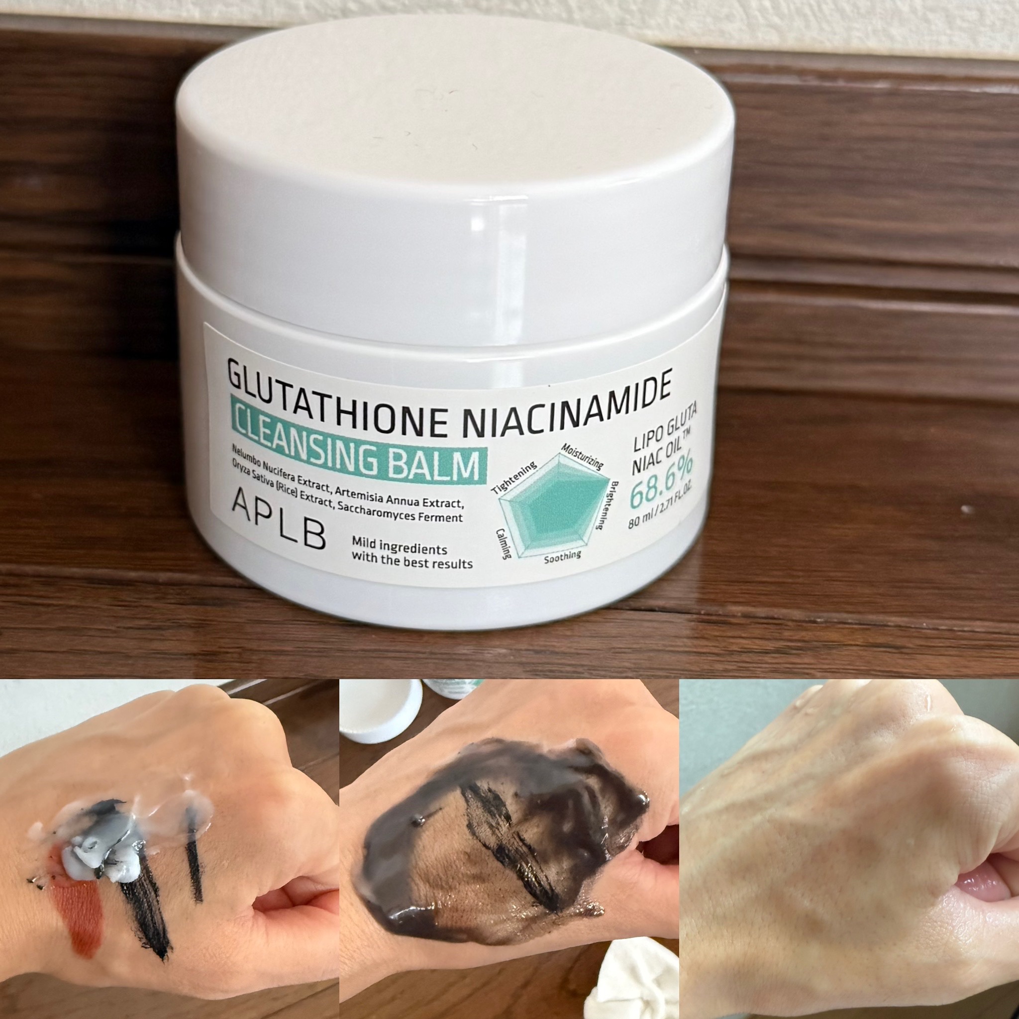 APLB

GULTATHIONE NIACINAMIDE

CLEANSING BALM

80ml

ナイアシンアミド、グルタチオン配合。

リップ、アイライナー、マスカラ(お湯落ち)で

メイク落ち検証しました！

スルスルと落ちて洗