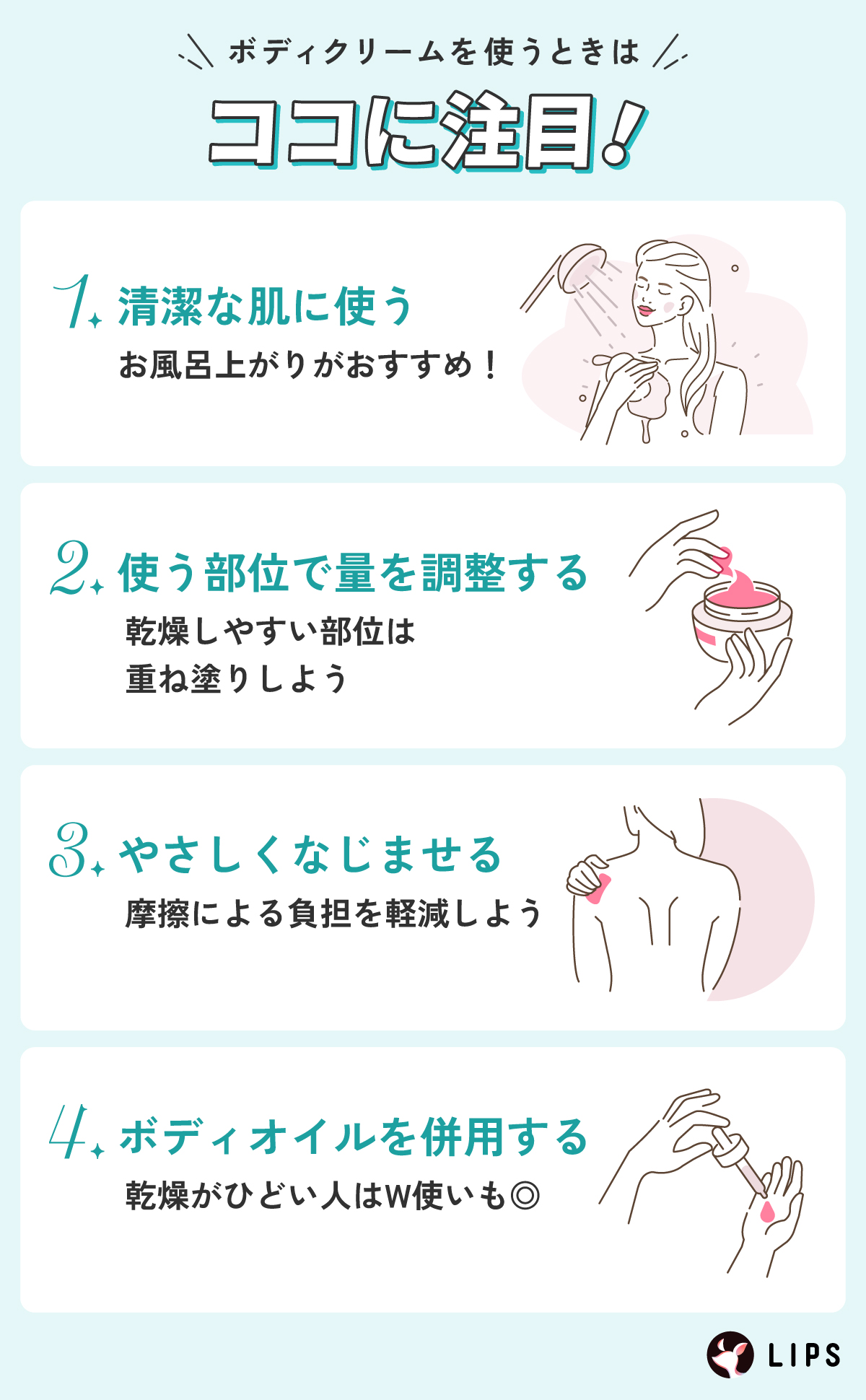 ボディクリームを使うときはココに注目！清潔な肌に使う。使う部位で量を調整する。やさしくなじませる。ボディオイルを併用する。