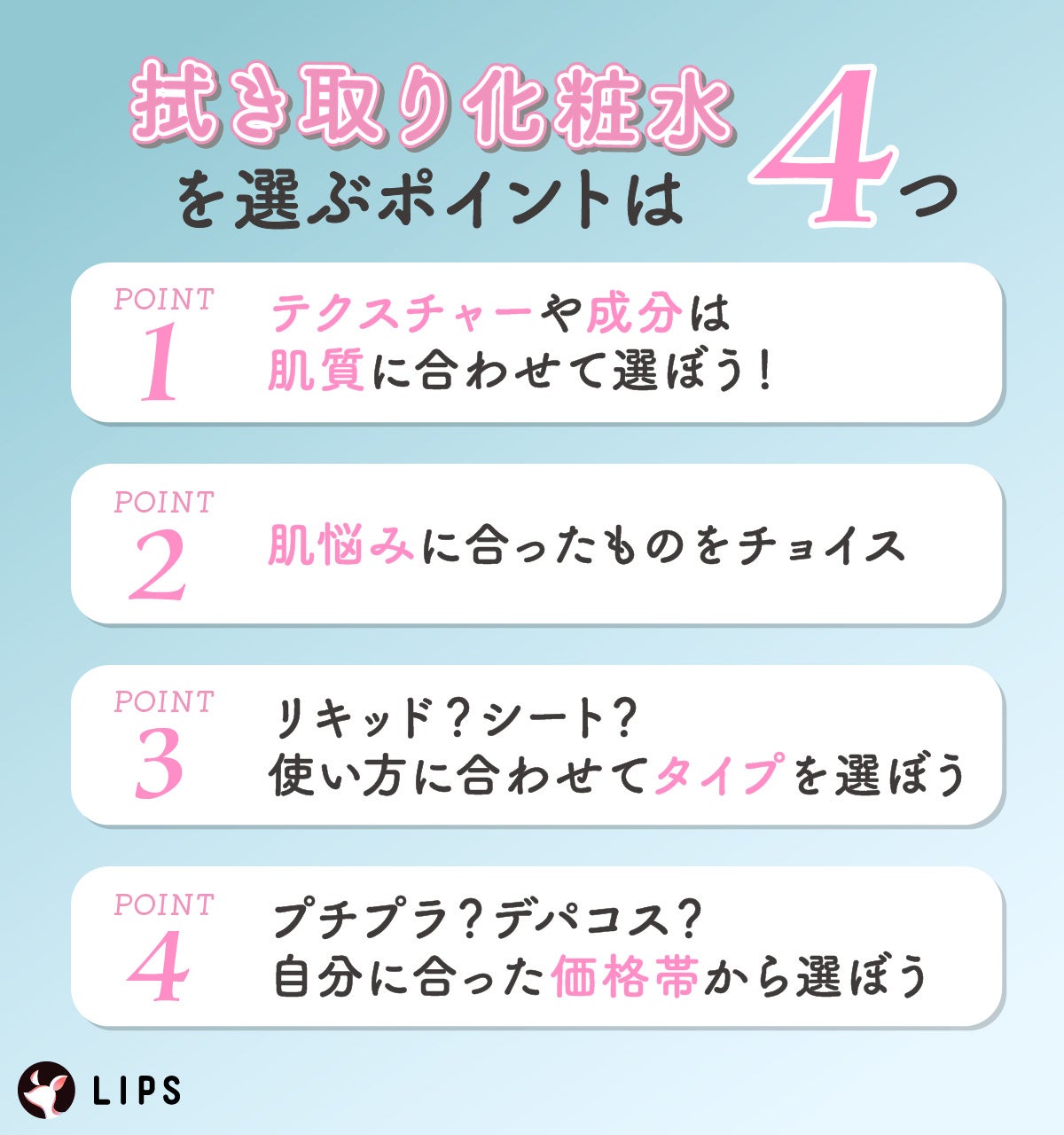 拭き取り化粧水を選ぶポイントは4つ。テクスチャーや成分は肌質に合わせて選ぼう!肌悩みに合ったものをチョイス。リキッド?シート?使い方に合わせてタイプを選ぼう。プチプラ?デパコス?自分に合った価格帯から選ぼう。