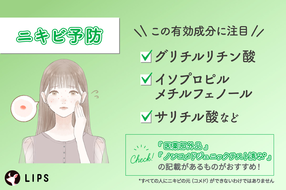 ニキビ予防ケアにはグリチルリチン酸・イソプロピルメチルフェノール・サリチル酸などの有効成分が配合されている医薬部外品のものやノンコメドジェニックテスト済みのものがおすすめです。