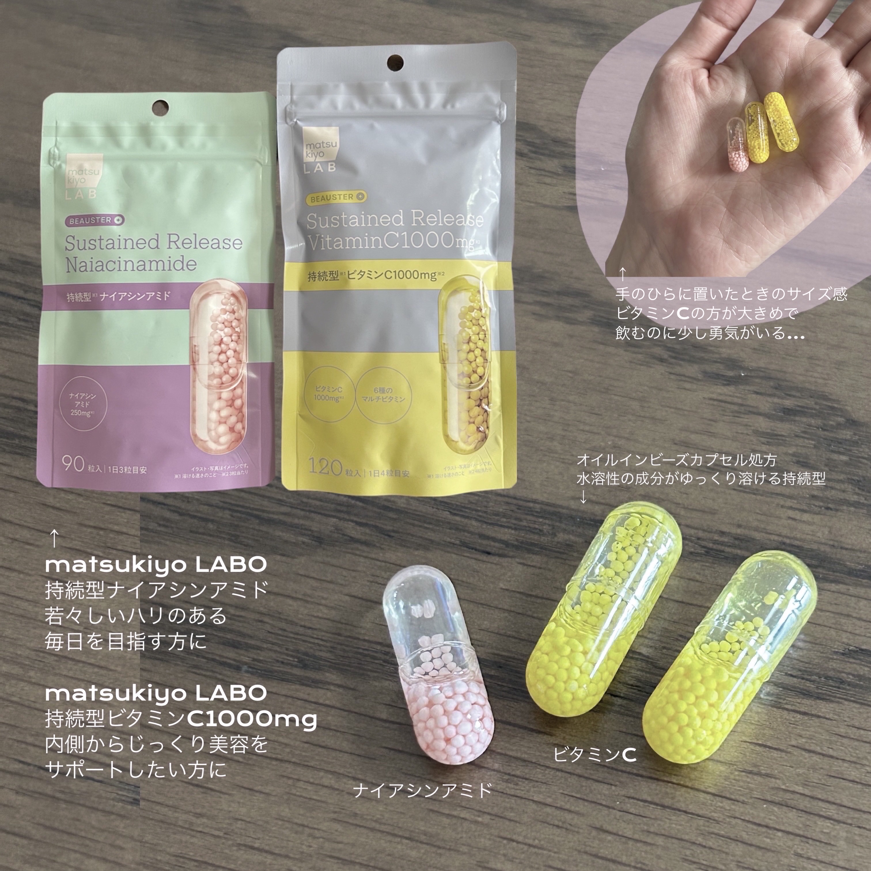 💛matsukiyo LABO
 ビュースター 持続型ビタミンC1000
 120粒 2980円 (税抜)

🩷matsukiyo LABO
 ビュースター 持続型ナイアシンアミド
 90粒 2980円 (税抜)


【商品の特徴】
�