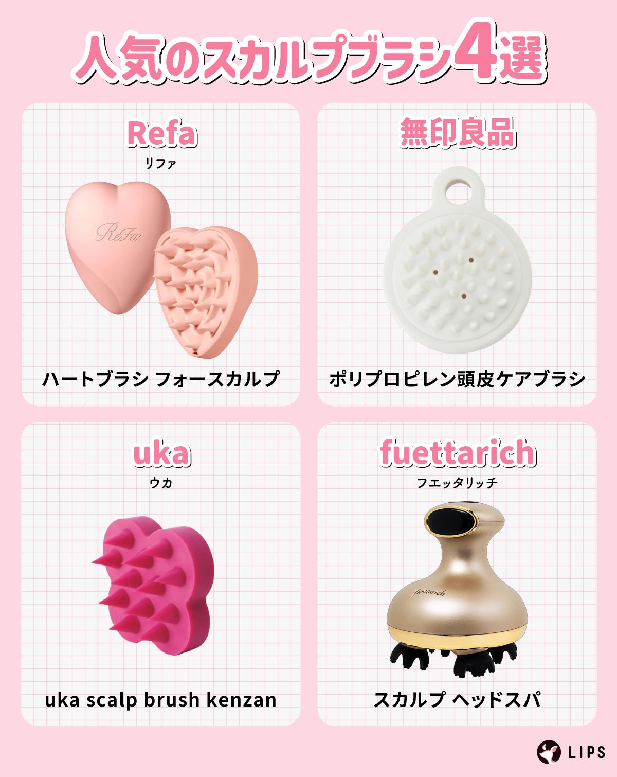 人気のスカルプブラシ4選。Refa(リファ)ハートブラシ フォースカルプ・無印良品ポリプロピレン頭皮ケアブラシ・uka(ウカ)uka scalp brush kenzan・fuettarich(フエッタリッチ)スカルプ ヘッドスパ。