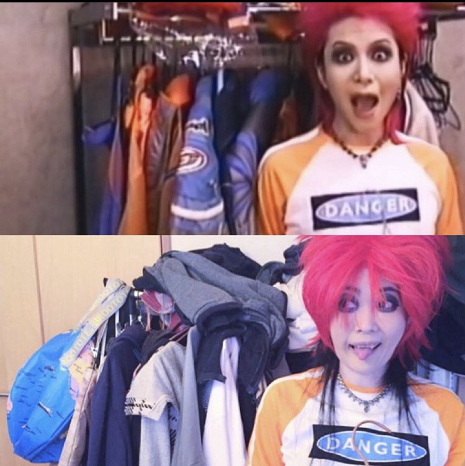 hideちゃんお誕生日おめでとう🎂

これは2017年のビバラ行く途中に１５分で編集した懐かしの画像

ハンガー逆にしてんの、ワザとwww

ネクロマンスのネックレスはおそろい
Tシャツも当時のレモネードショップの

たまたま後ろのラック