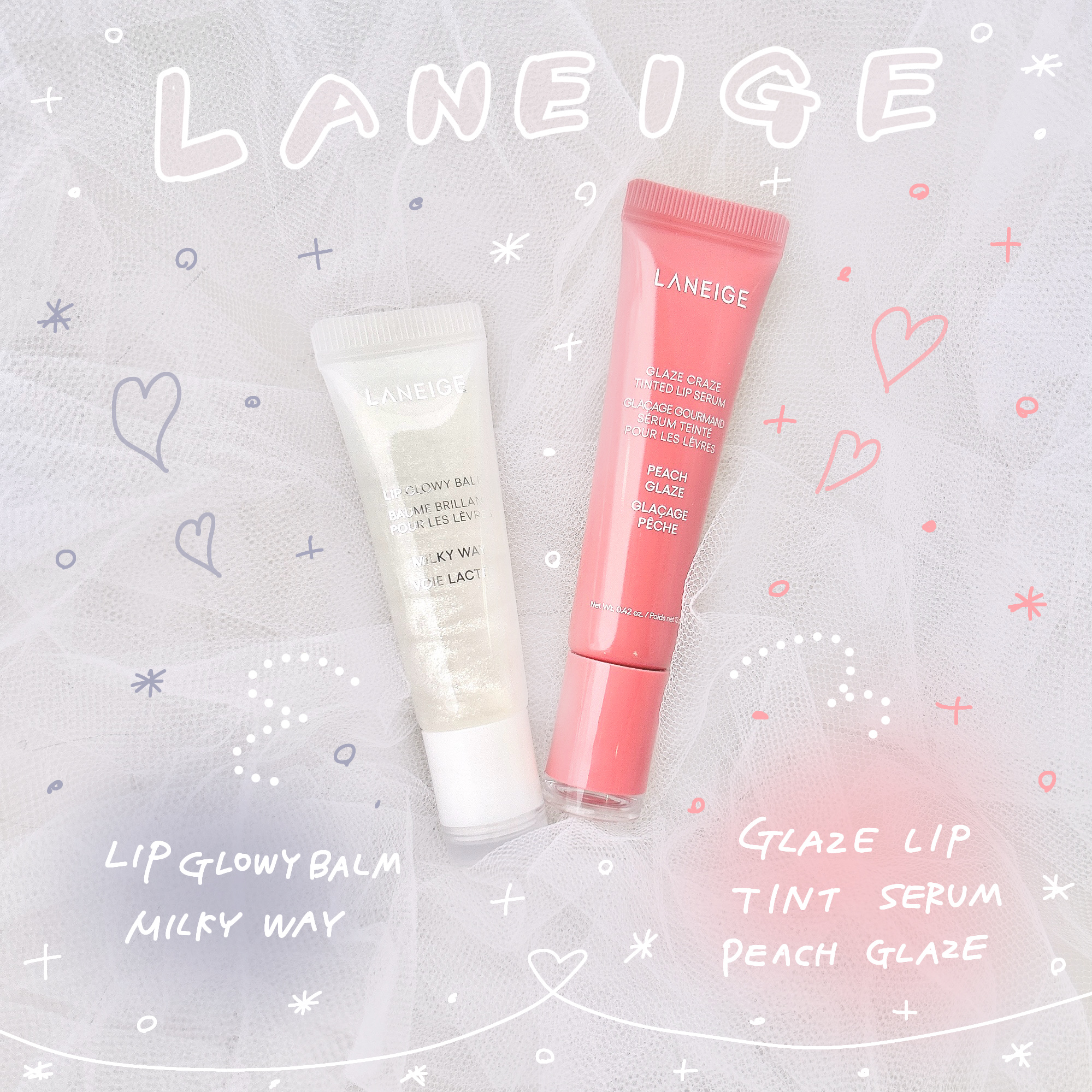LANEIGE
🤍リップグロウィバーム 
ミルキーウェイ
🩷グレイズリップティントセラム
ピーチグレイズ

スターダストシリーズがオフラインにも
登場！🎉限定感のあるきらめきと保湿力で、　唇をふっくらと魅せてくれます🥺💋

リップ