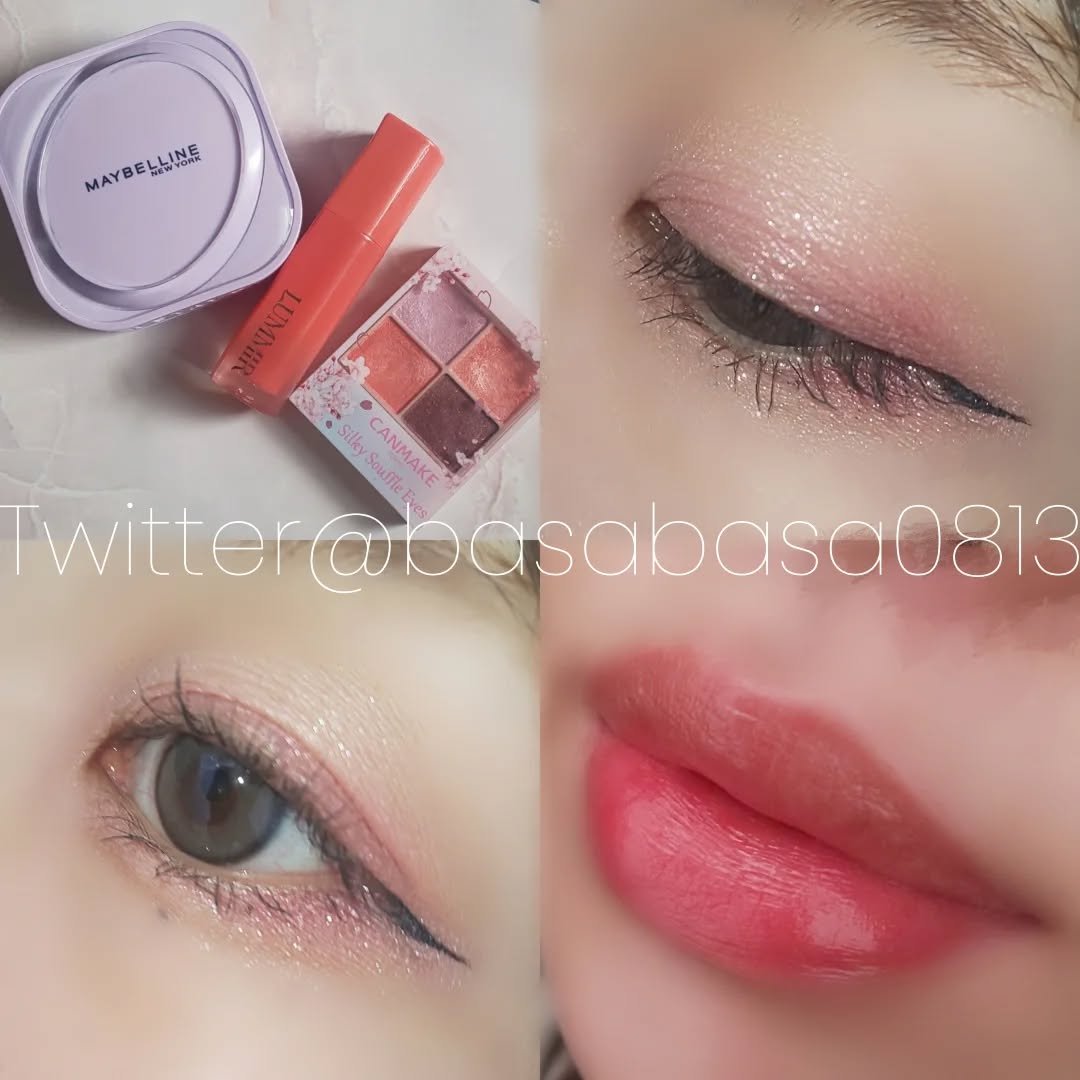 #今日のメイク お久しぶりのブロシャワ🌸今日は右上のピンクをチークにも使いました🐴リップはルミルのピーチティー！夏場ちょっとびみょいかもと思っていたメイベリンのクリームパクトがこの時期乾燥しにくくて良いかも！と思って最近使ってる。鼻周り