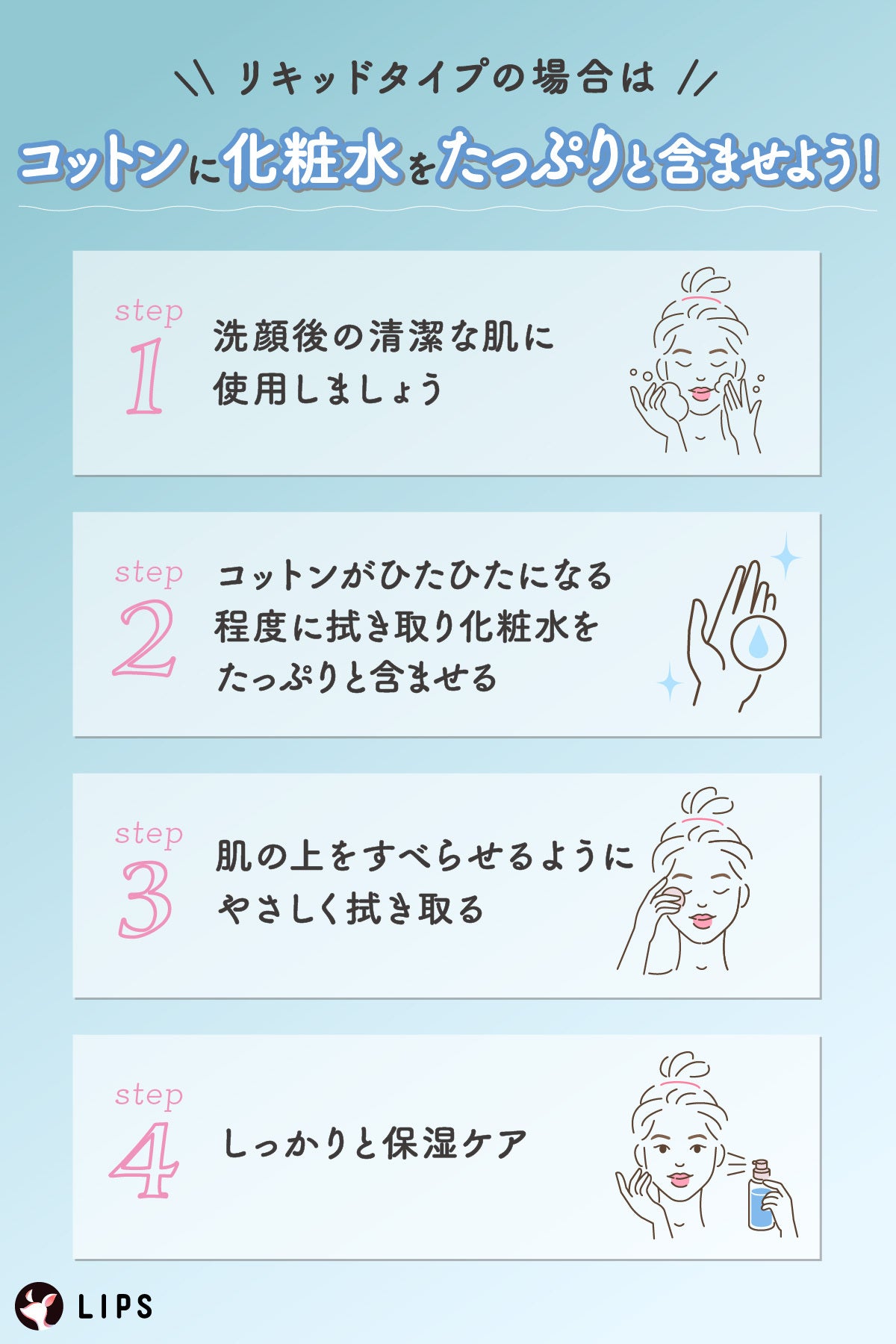 リキッドタイプの場合はコットンに化粧水をたっぷりと含ませよう!洗顔後の清潔な肌に使用しましょう。コットンがひたひたになる程度に拭き取り化粧水をたっぷり含ませる。肌の上をすべらせるようにやさしく拭き取る。しっかり保湿ケア。