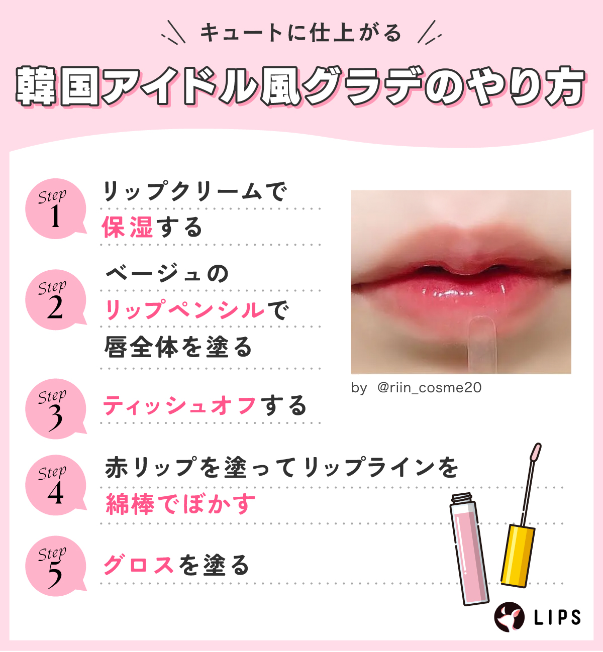 キュートに仕上がる韓国アイドル風グラデのやり方。リップクリームで保湿する。ベージュのリップペンシルで唇全体を塗る。ティッシュオフする。赤リップを塗ってリップラインを綿棒でぼかす。グロスを塗る。