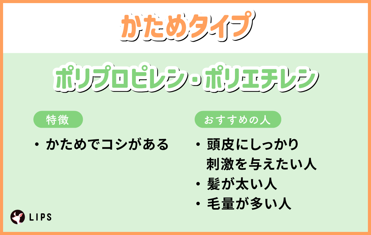 かためタイプ。ポリプロピレン・ポリエチレンはかためでコシがあるのが特徴。頭皮にしっかり刺激を与えたい人・髪が太い人・毛量が多い人におすすめ。