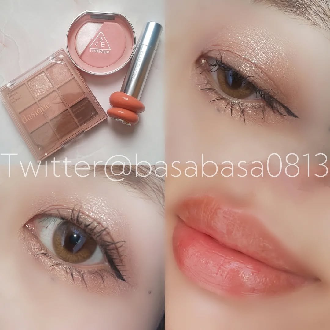 #今日のメイク デイジークのミューテッドナッツを使ってアイメイクしたよﾝ🥜まつ毛がとっ散らかってるけどアイシャドウは可愛く塗れたのではないかと(思いたい)🐴チークとハイライトは3CEのレイジートークでリップはハートパーセントのフィグジャ