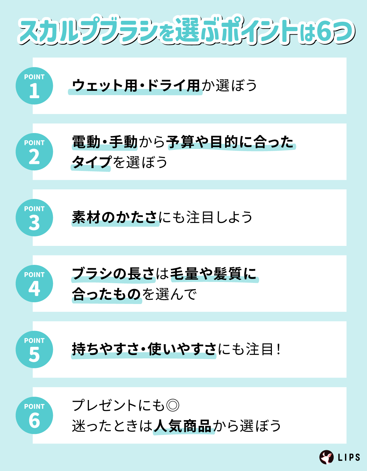 スカルプブラシを選ぶポイントは6つ。ウェット用・ドライ用か選ぼう。電動・手動から予算や目的に合ったタイプを選ぼう。素材のかたさにも注目しよう。ブラシの長さは毛量や髪質に合ったものを選んで。持ちやすさ・使いやすさにも注目。プレゼントにも◎迷ったときは人気商品から選ぼう。