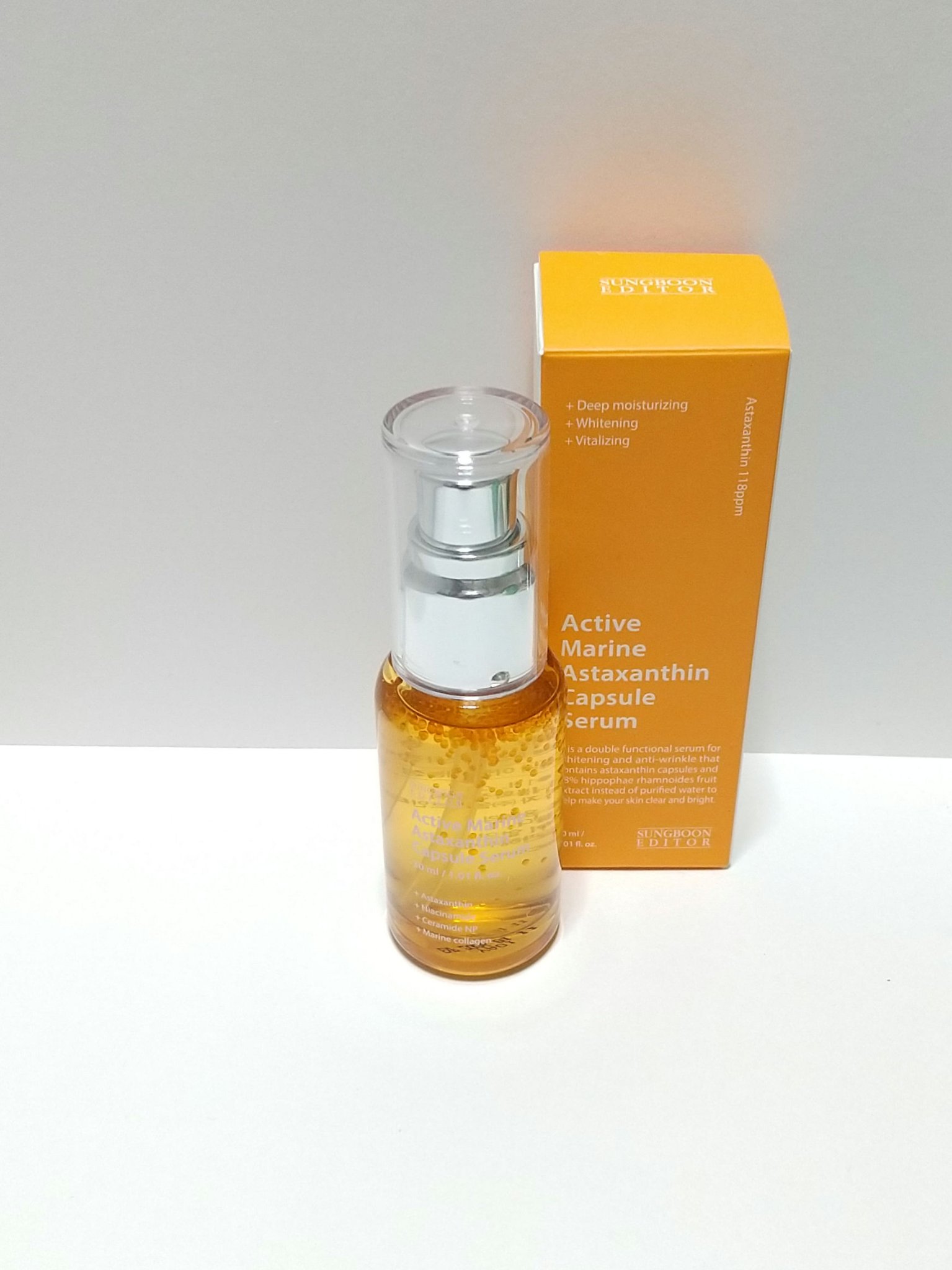 ⭐️⭐️⭐️⭐️☆
つぶつぶ美容液🧡

成分エディター
アクティブマリンアスタキサンチンカプセルセラム

アス○リフトで有名なアスタキサンチン
お高いアイテムをいきなり買うのは勇気がいるのでこちらを買ってみました

液は淡いオレンジ色
イ