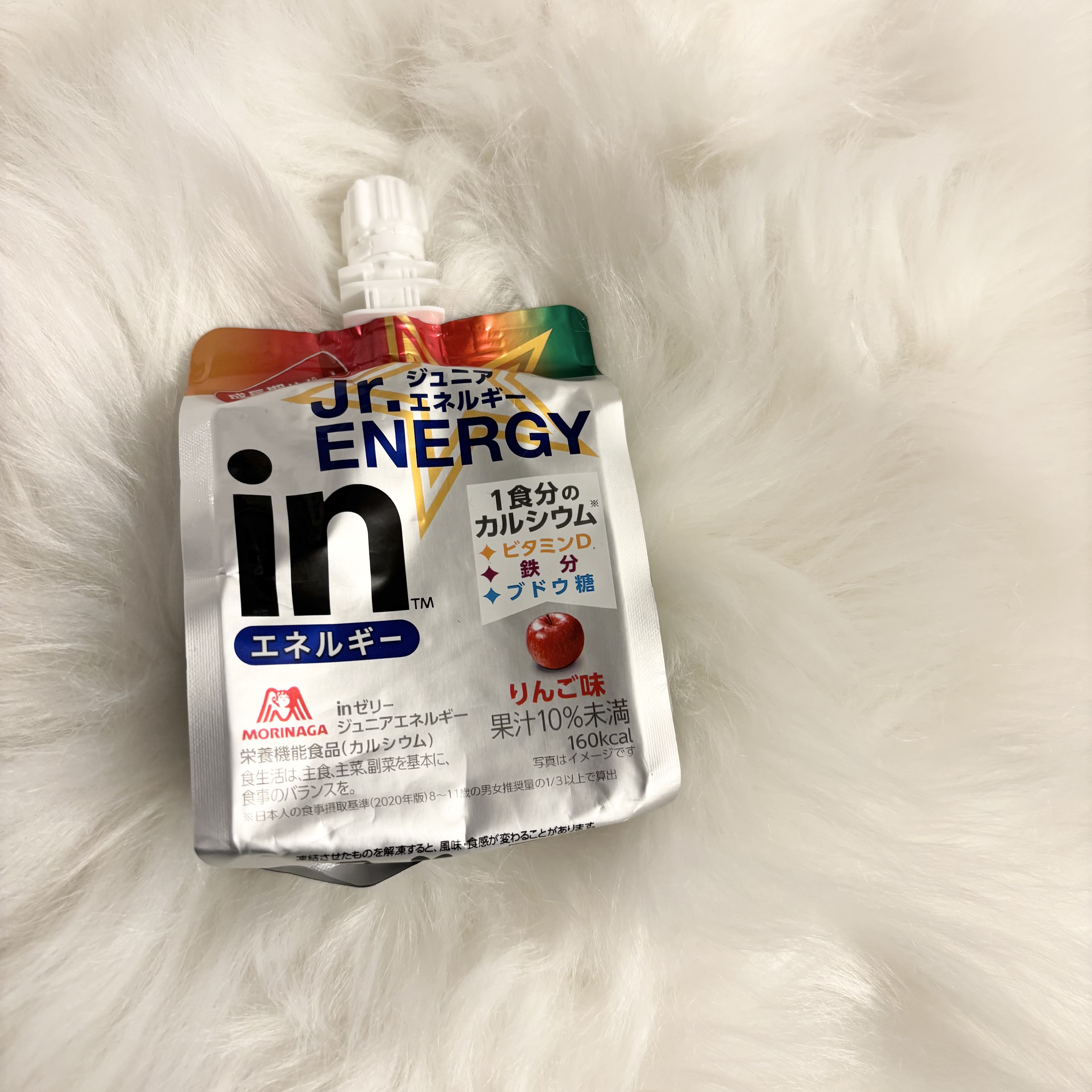 🍎森永製菓：inゼリー ジュニアエネルギー

Point
☑︎ 成長期の子ども向けに、エネルギー補給と栄養サポートを目的としたゼリー飲料
☑︎ 1個（180g）あたり160kcalのエネルギーとブドウ糖が含まれており、運動前後や勉強中にお