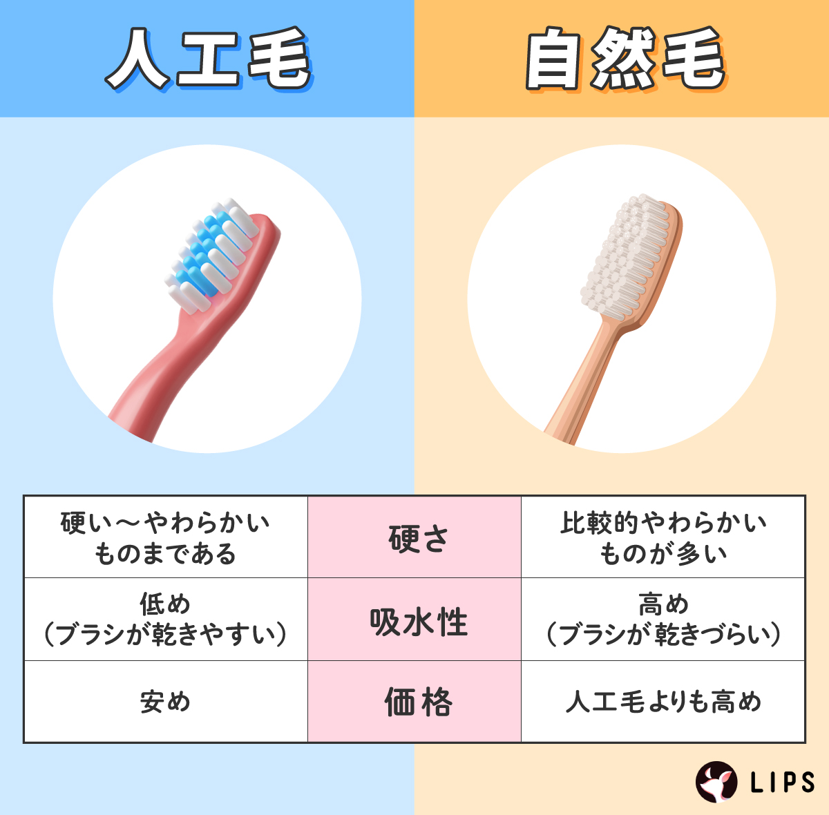 人工毛の硬さは硬い〜やわらかいものまであり価格は安めで吸水性は低くブラシが乾きやすい、自然毛は比較的やわらかいものが多く価格は人工毛よりも高め、吸水性も高めでブラシが乾きづらい。