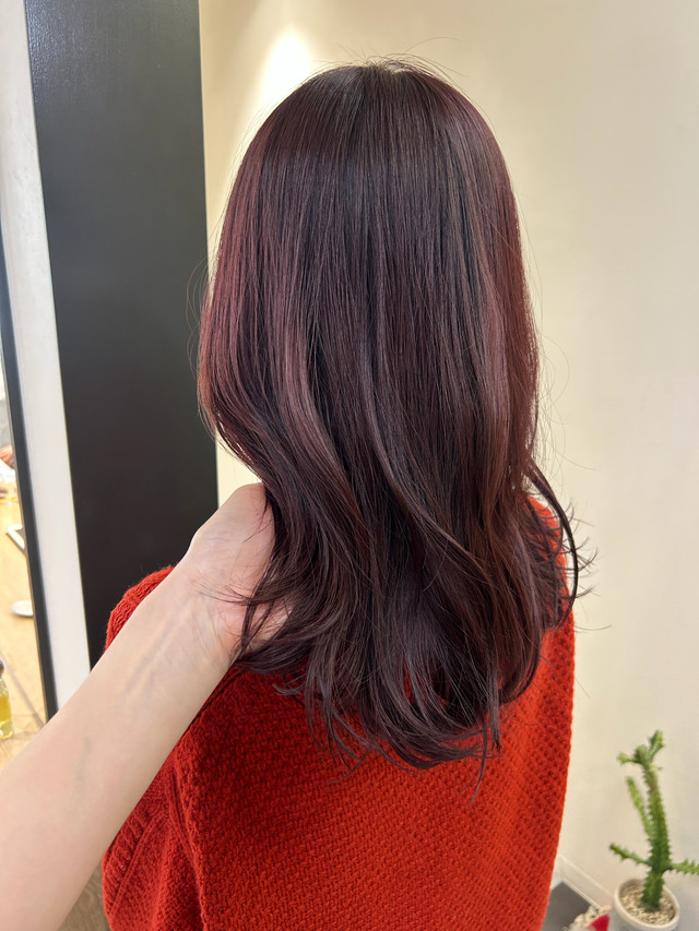 レッドブラウンの髪色のセミロングの女性