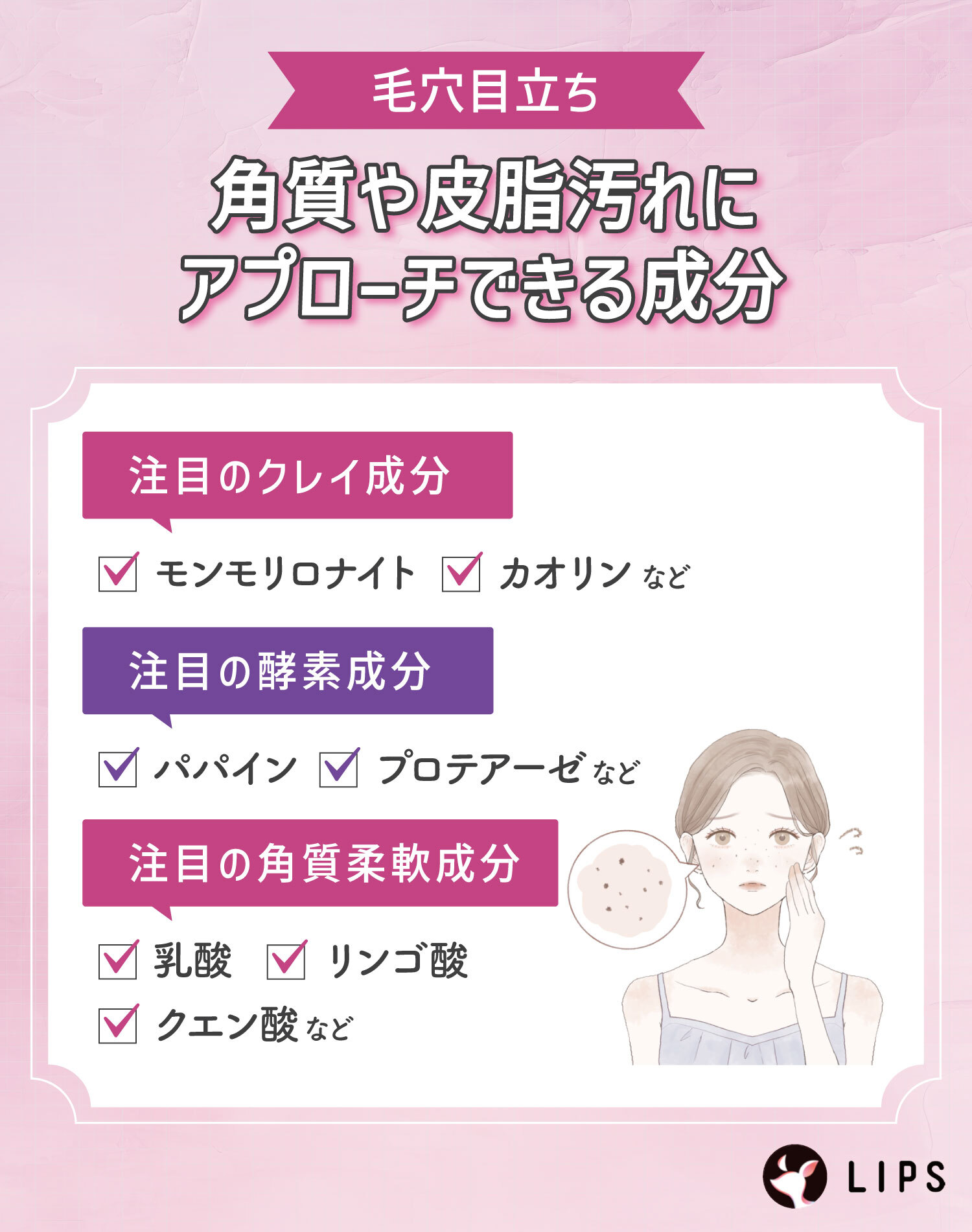  毛穴目立ちには角質や皮脂汚れにアプローチできる成分。注目のクレイ成分はモンモリロナイト・カオリンなど。注目の酵素成分はパパイン・プロテアーゼなど。注目の角質柔軟成分は乳酸・リンゴ酸・クエン酸など。