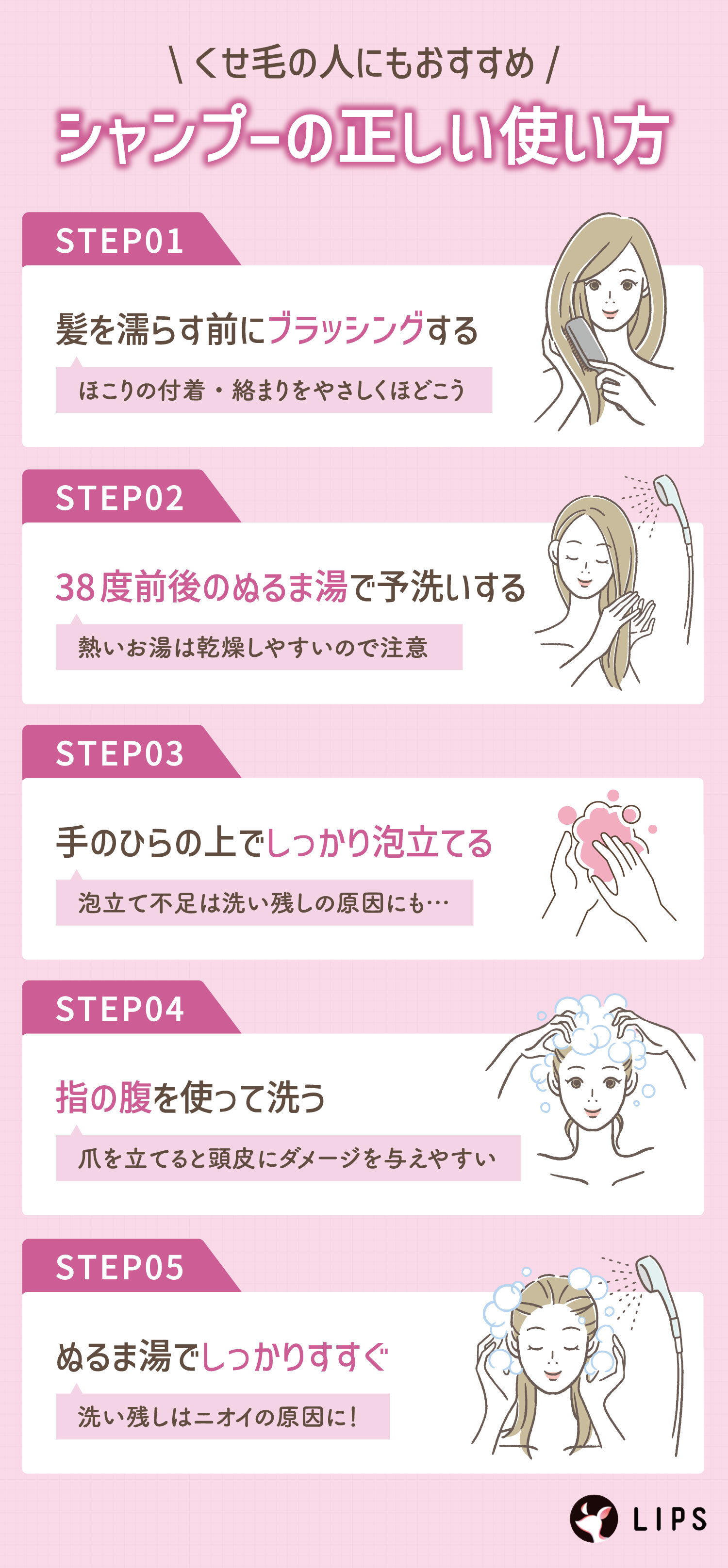 くせ毛の人にもおすすめのシャンプーの正しい使い方。髪を濡らす前にブラッシングする。38度前後のぬるま湯で予洗いする。手のひらの上でしっかり泡立てる。指の腹を使って洗う。ぬるま湯でしっかりすすぐ。